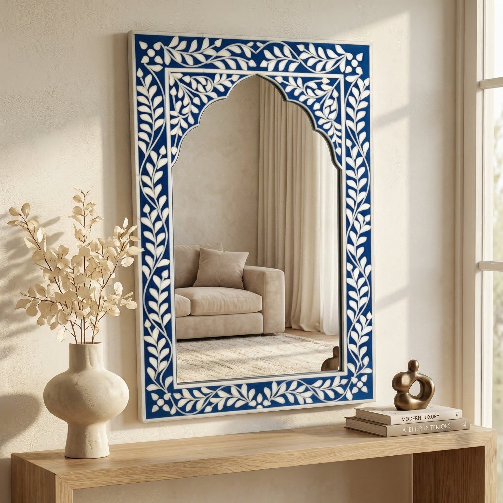 Blue Floral Inlay Mirror | 30x18x1.5 Inches