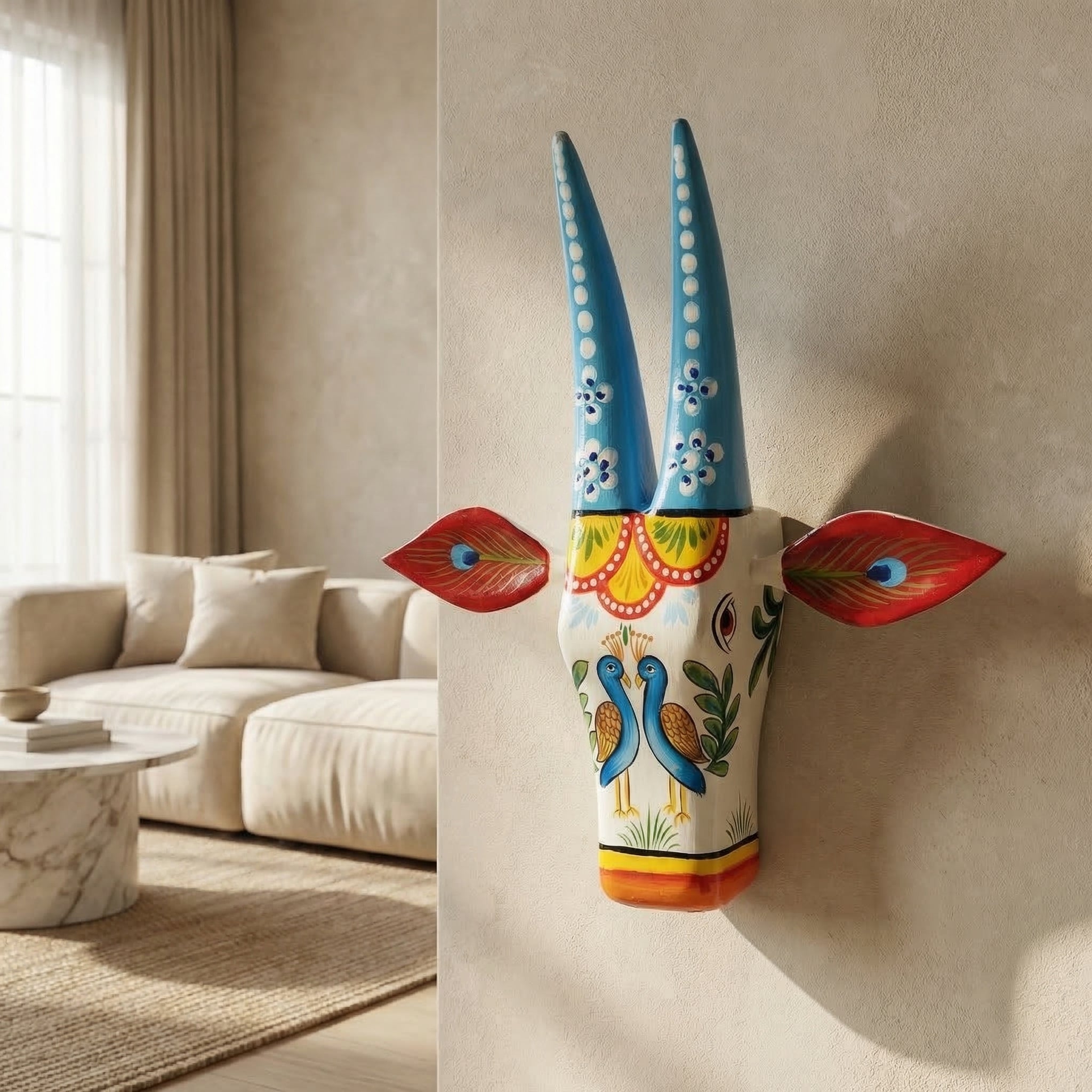 Handpainted Wooden Nandi/Cow Wall Decor | White | 12x11x4 Inches