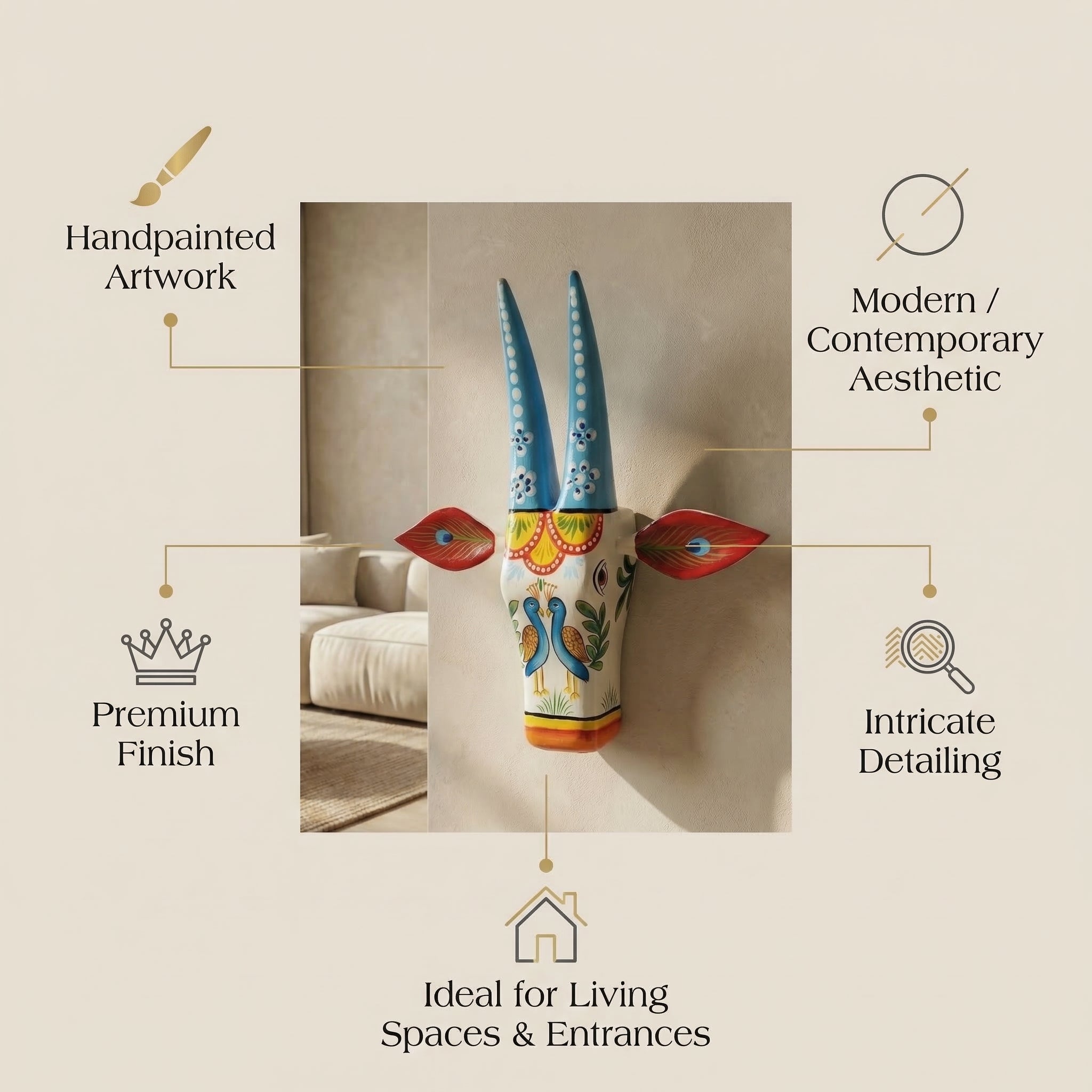 Handpainted Wooden Nandi/Cow Wall Decor | White | 12x11x4 Inches