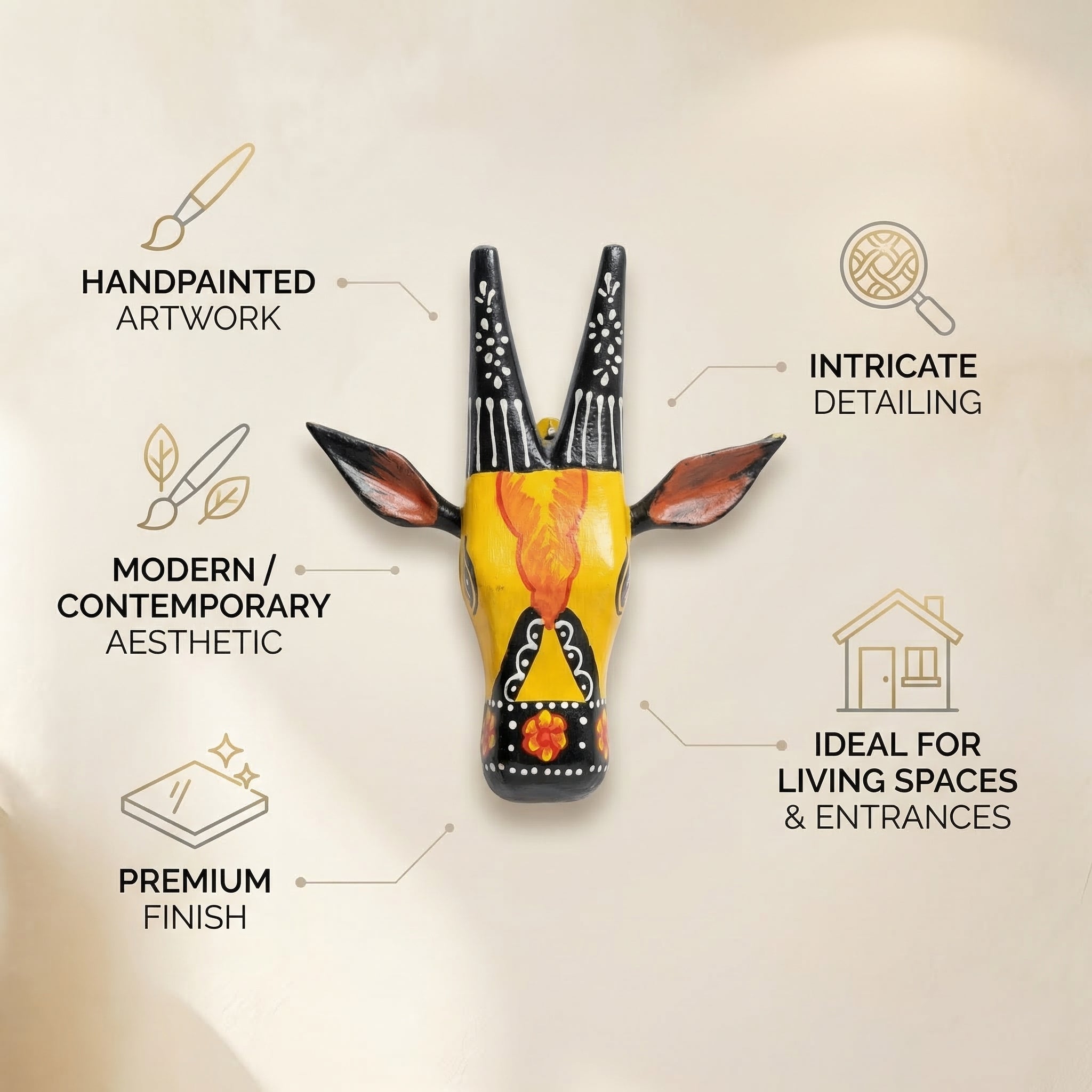 Handpainted Wooden Nandi/Cow Wall Decor | Yellow | 6x6x2 Inches