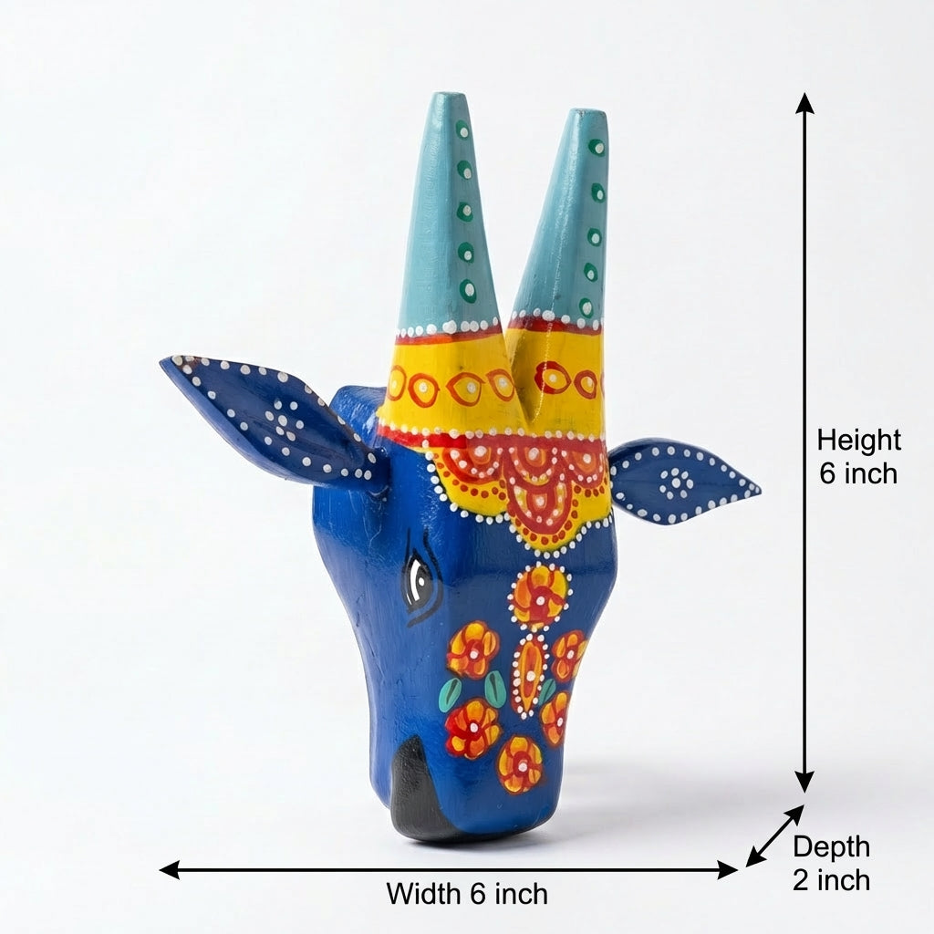 Handpainted Wooden Nandi/Cow Wall Decor | Blue | 6x6x2 Inches