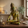 Brass Indra Dev | 14.2x9.4x7.1 Inch | Green Patina Finish | 7.1 kg Approx