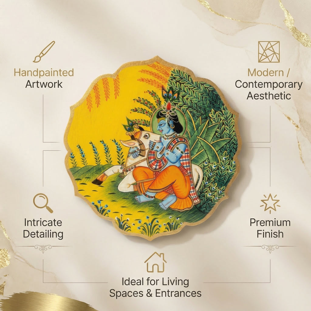 Wooden Pichwai Wall Plate 5 | 9.5 Inches | Handpainted