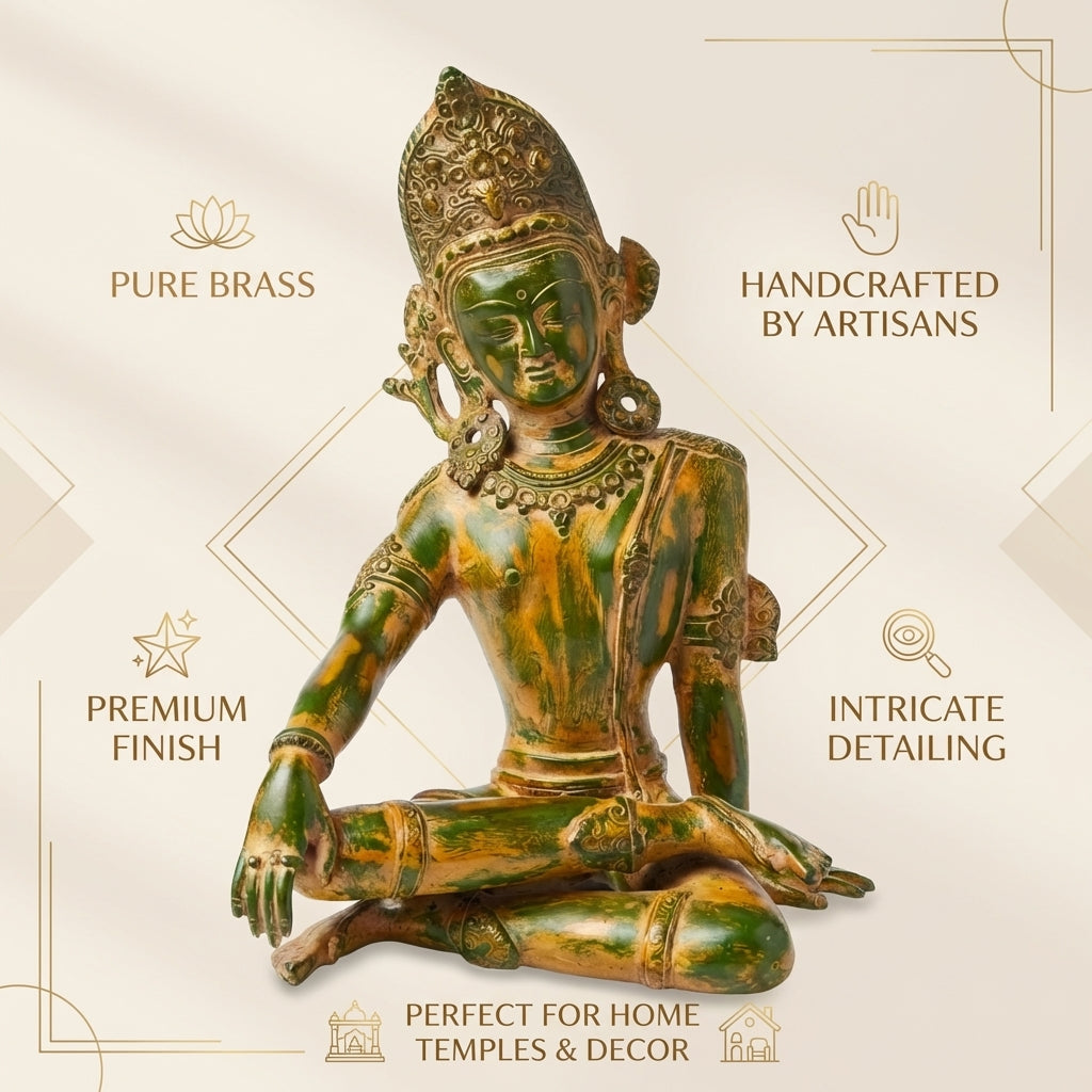 Brass Indra Dev | 14.2x9.4x7.1 Inch | Green Patina Finish | 7.1 kg Approx