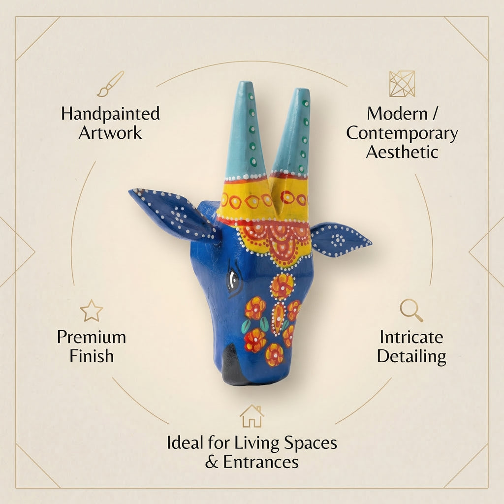 Handpainted Wooden Nandi/Cow Wall Decor | Blue | 6x6x2 Inches