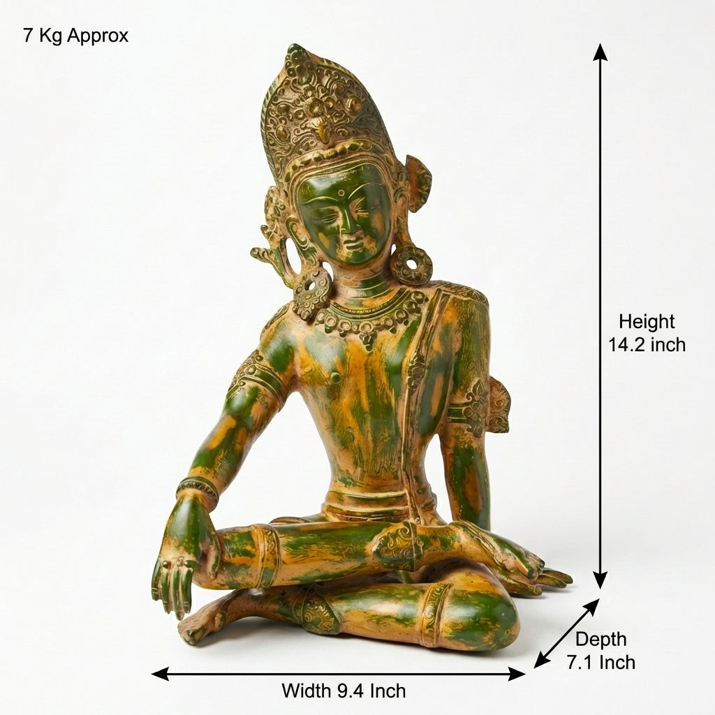 Brass Indra Dev | 14.2x9.4x7.1 Inch | Green Patina Finish | 7.1 kg Approx