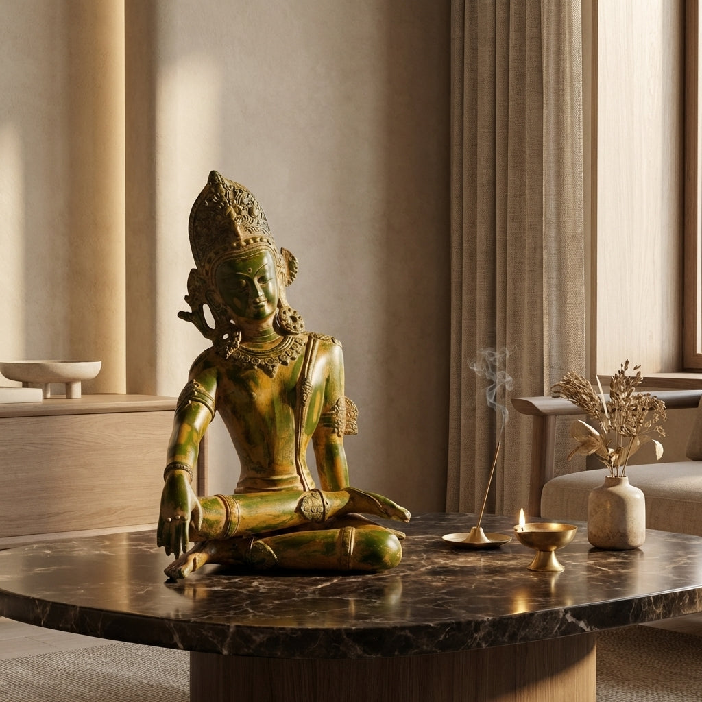 Brass Indra Dev | 14.2x9.4x7.1 Inch | Green Patina Finish | 7.1 kg Approx