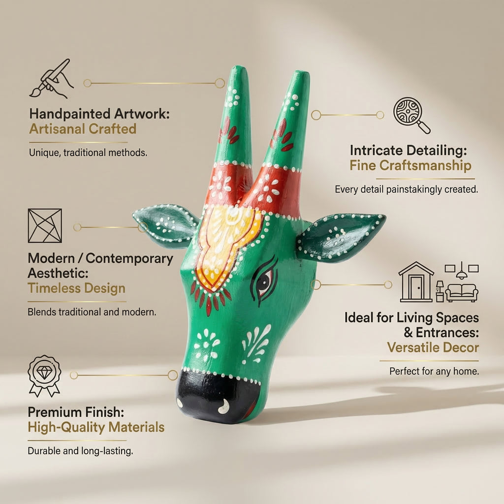 Handpainted Wooden Nandi/Cow Wall Decor | Green | 6x6x2 Inches