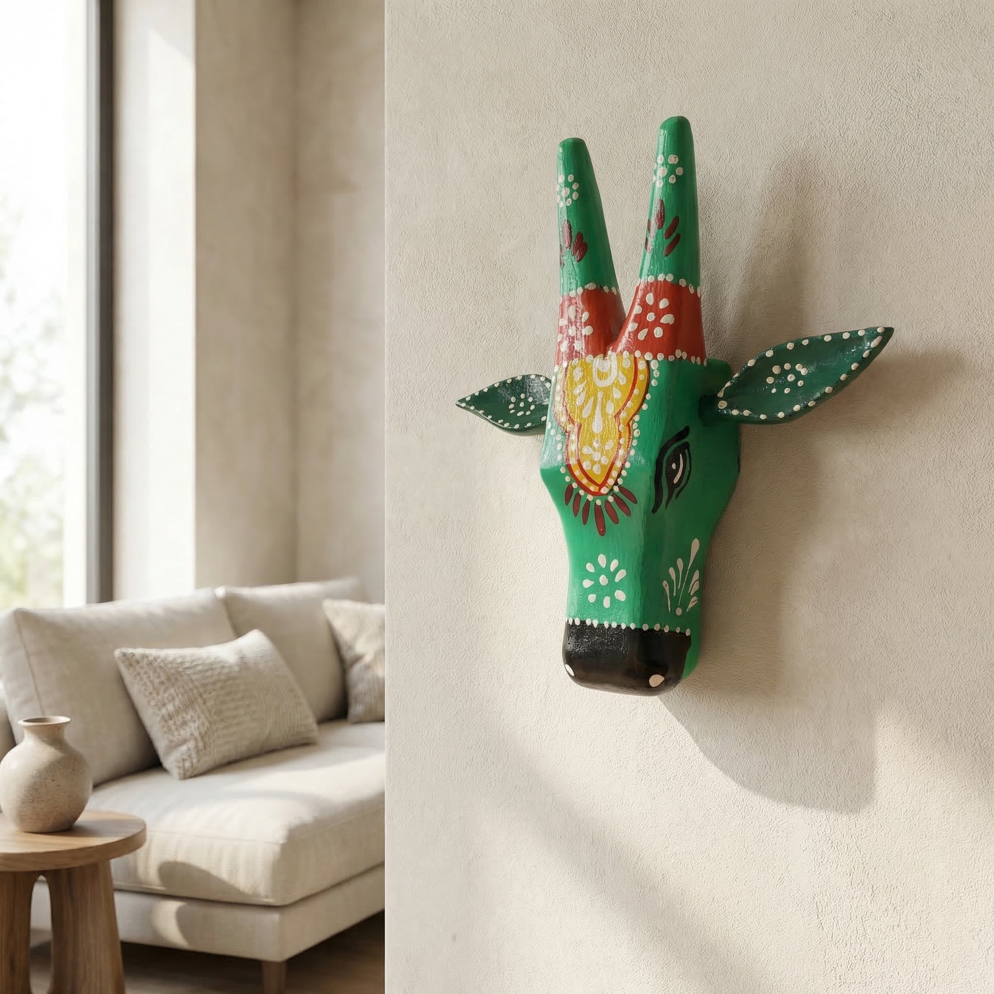 Handpainted Wooden Nandi/Cow Wall Decor | Green | 6x6x2 Inches