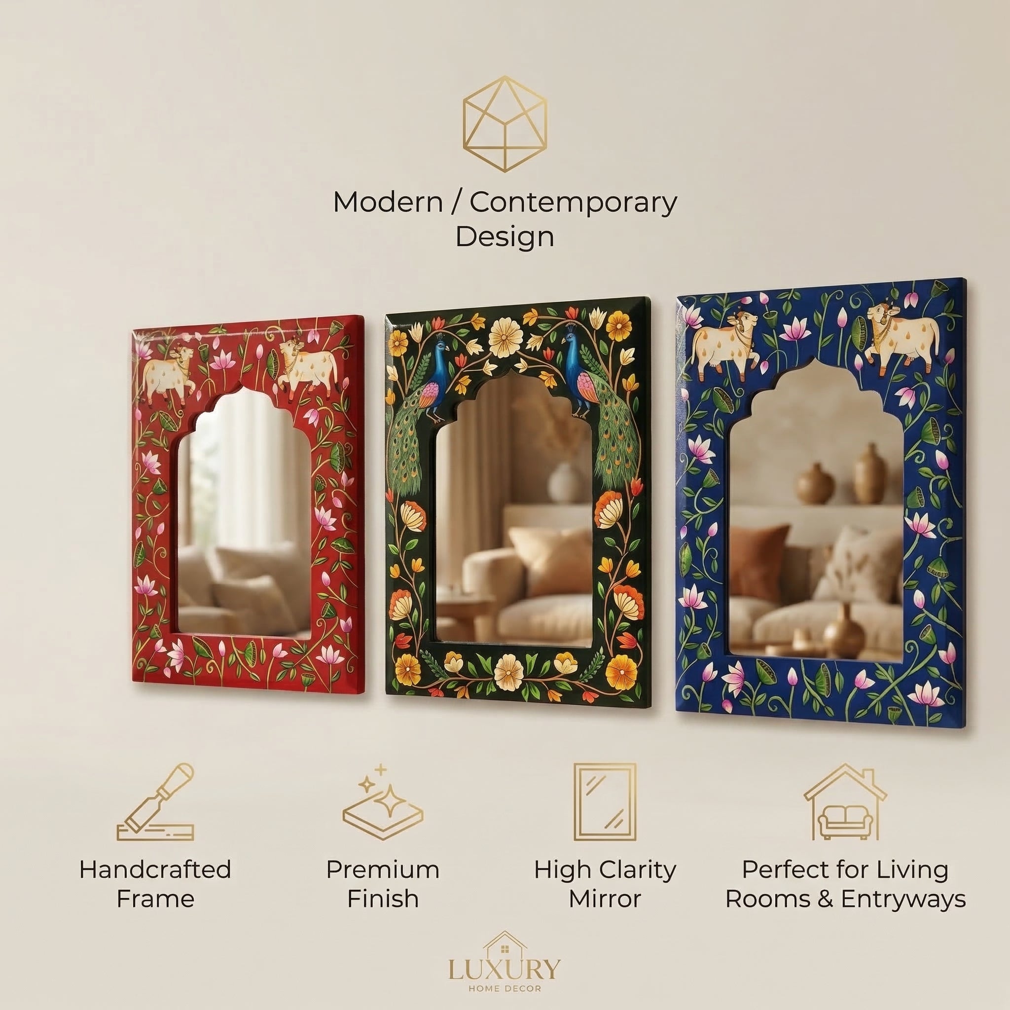 Black Pichwai Handpainted Mirror | 09x12x0.5 inch