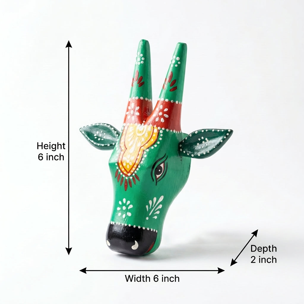 Handpainted Wooden Nandi/Cow Wall Decor | Green | 6x6x2 Inches