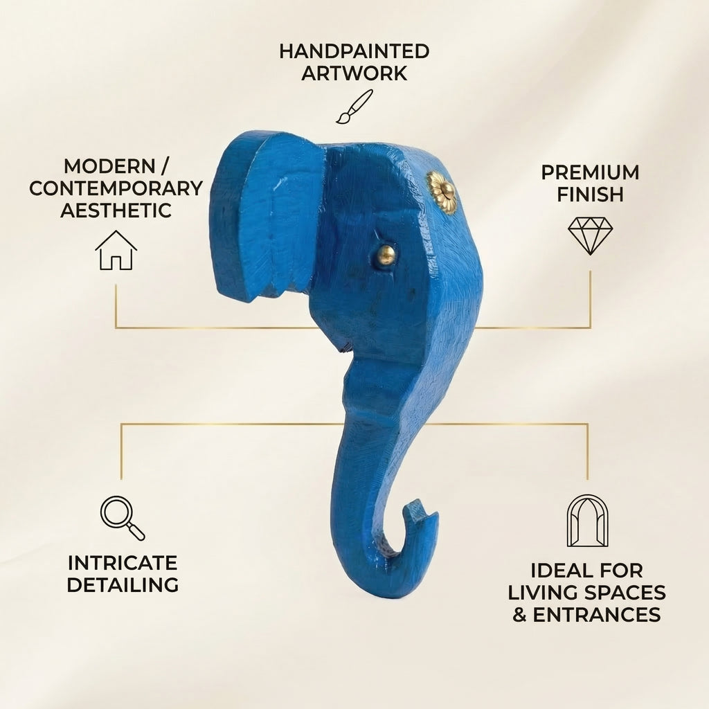 Wooden Elephant Wall Decor | 6x5x3 Inch | Blue