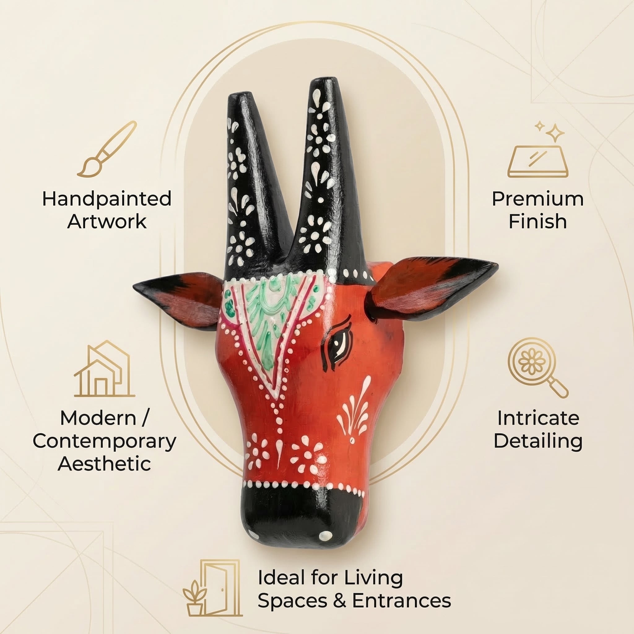 Handpainted Wooden Nandi/Cow Wall Decor | Red | 6x6x2 Inches