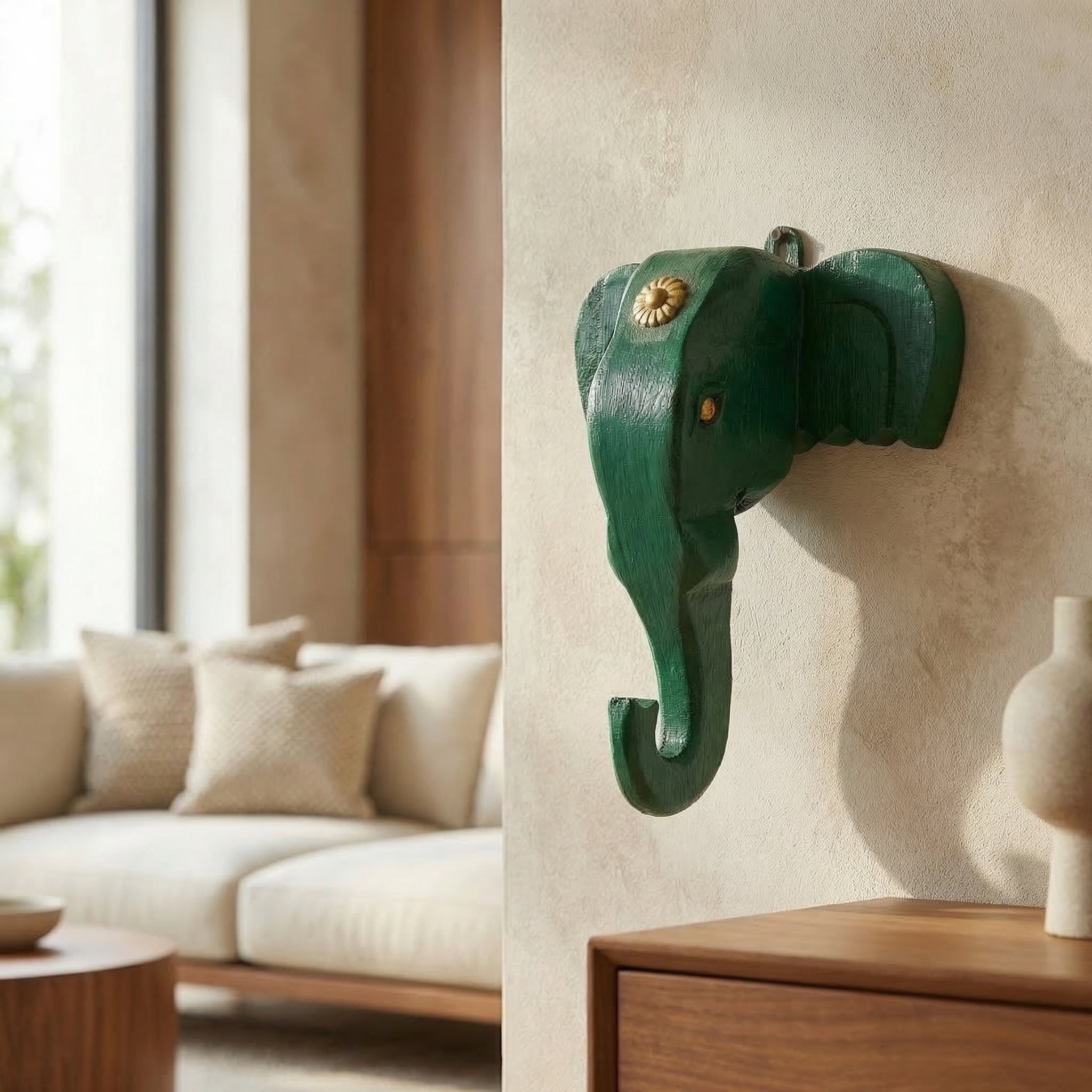 Wooden Elephant Wall Decor | 6x5x3 Inch | Green
