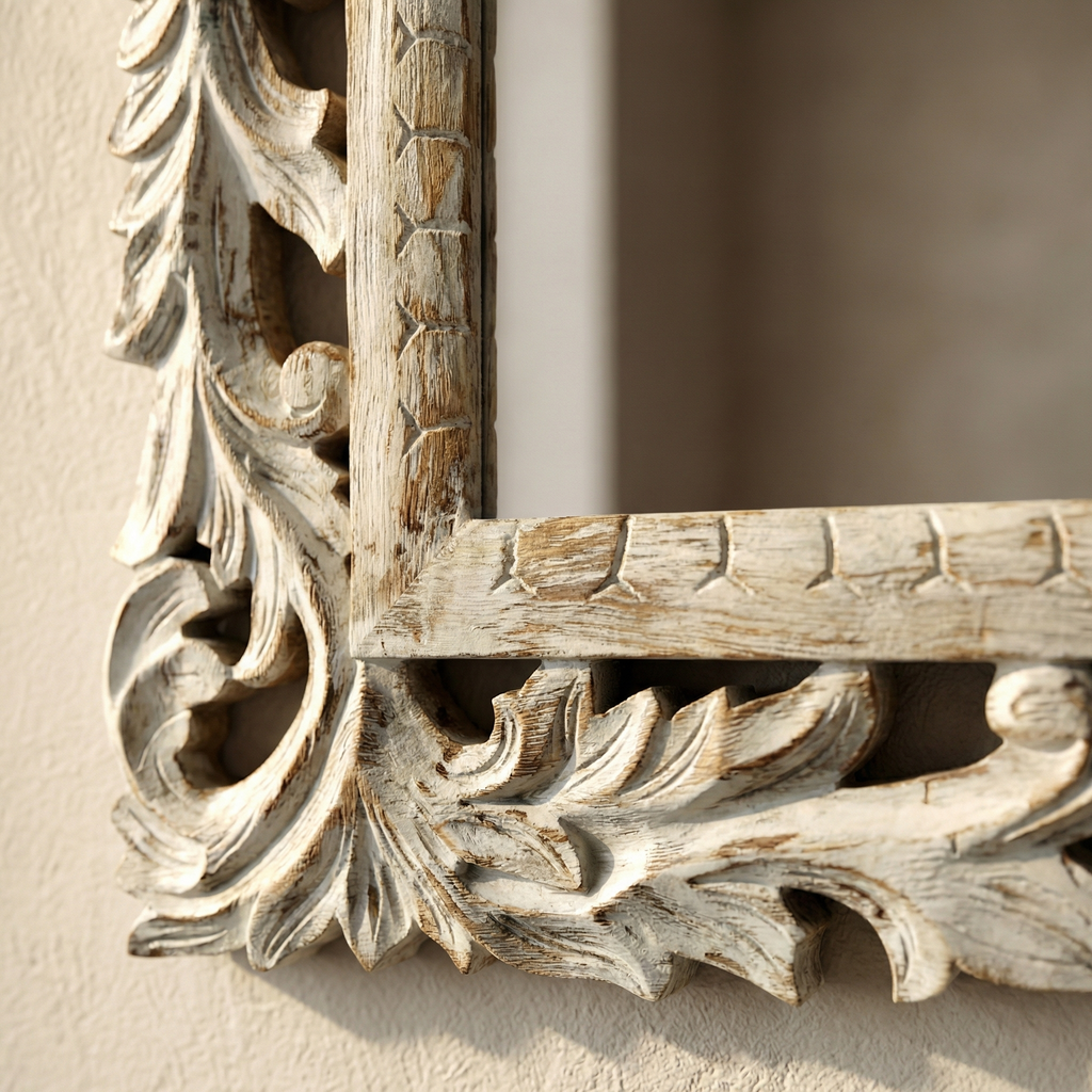 Carved Wooden Mirror (Frame Only) | Distress White | 93x69x2.5cm