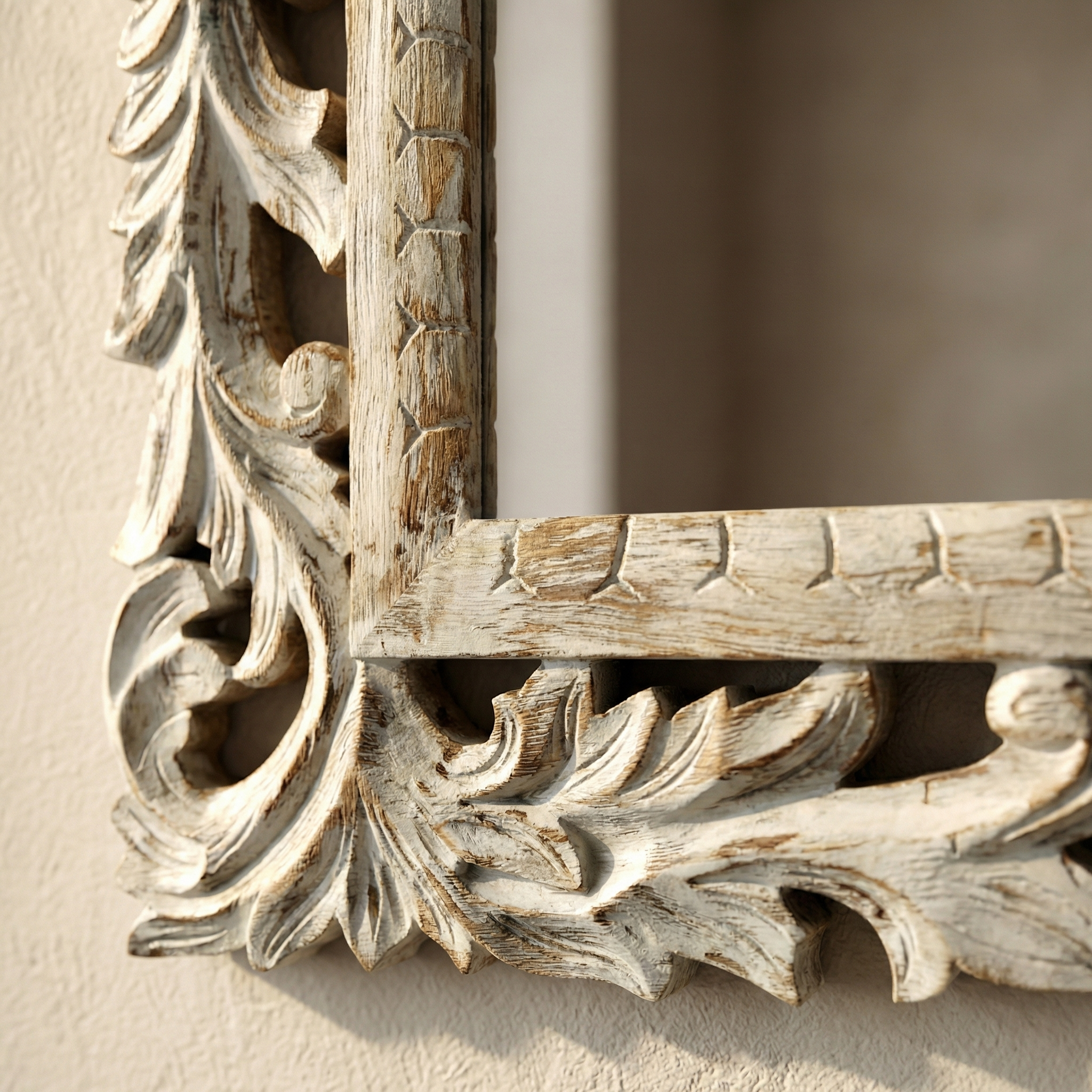 Carved Wooden Mirror (Frame Only) | Distress White | 93x69x2.5cm