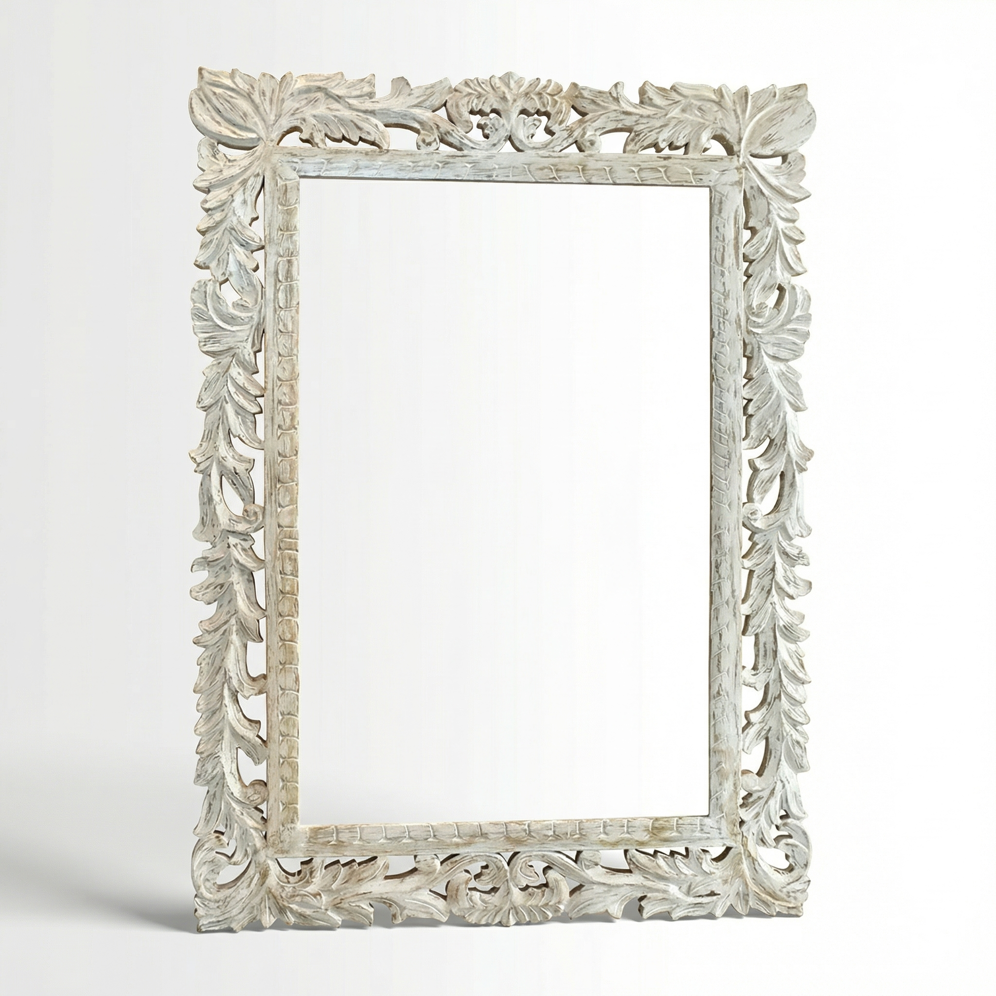 Carved Wooden Mirror (Frame Only) | Distress White | 104x74x2.5cm