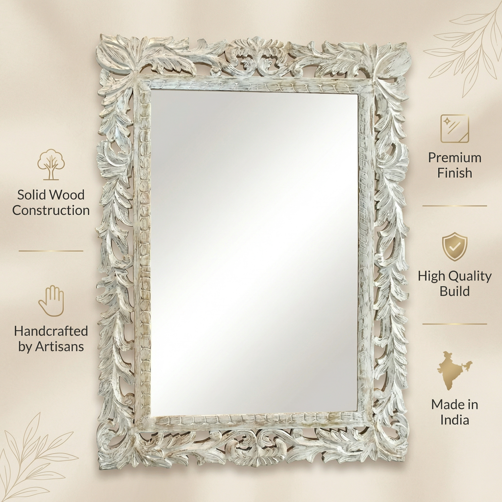 Carved Wooden Mirror (Frame Only) | Distress White | 104x74x2.5cm