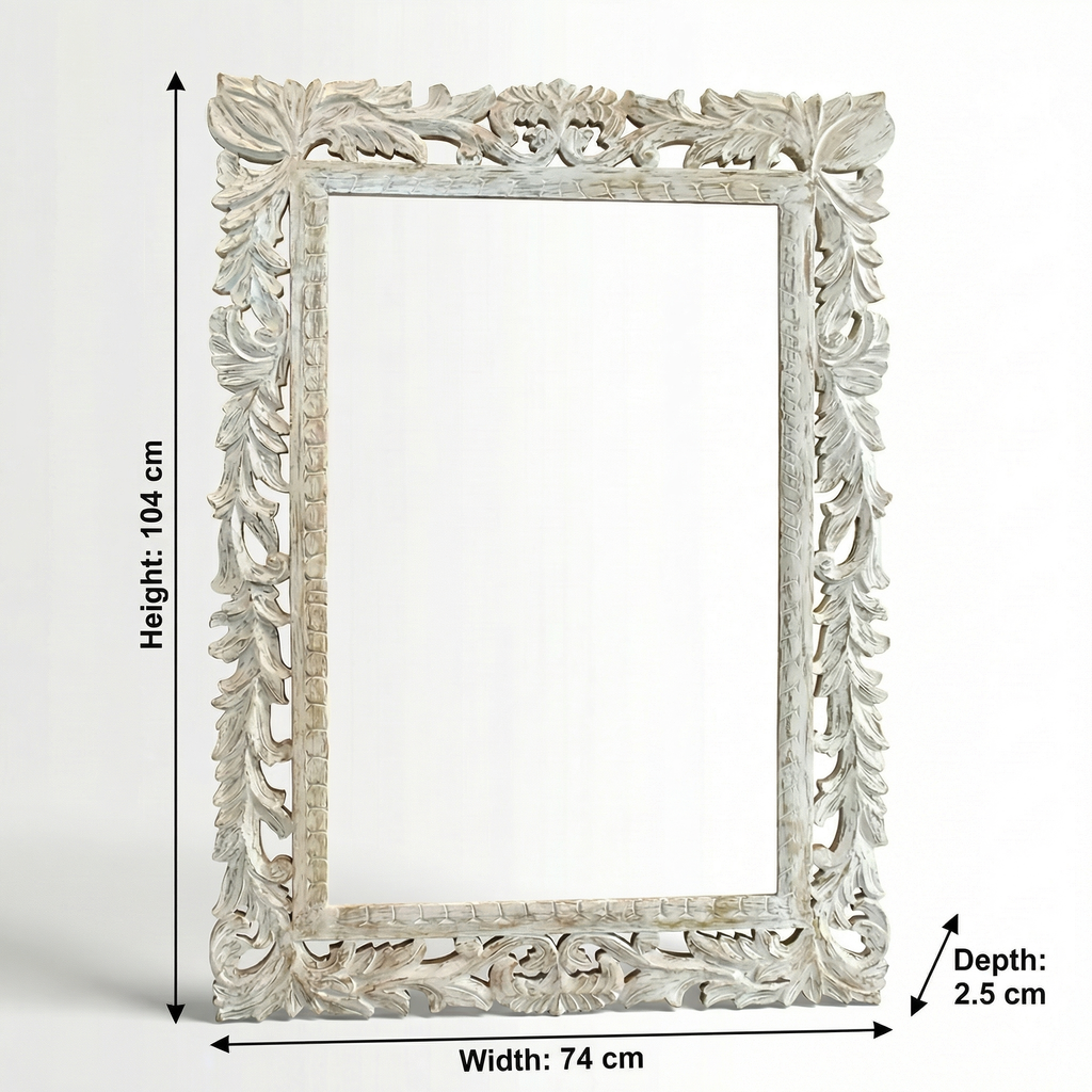 Carved Wooden Mirror (Frame Only) | Distress White | 104x74x2.5cm