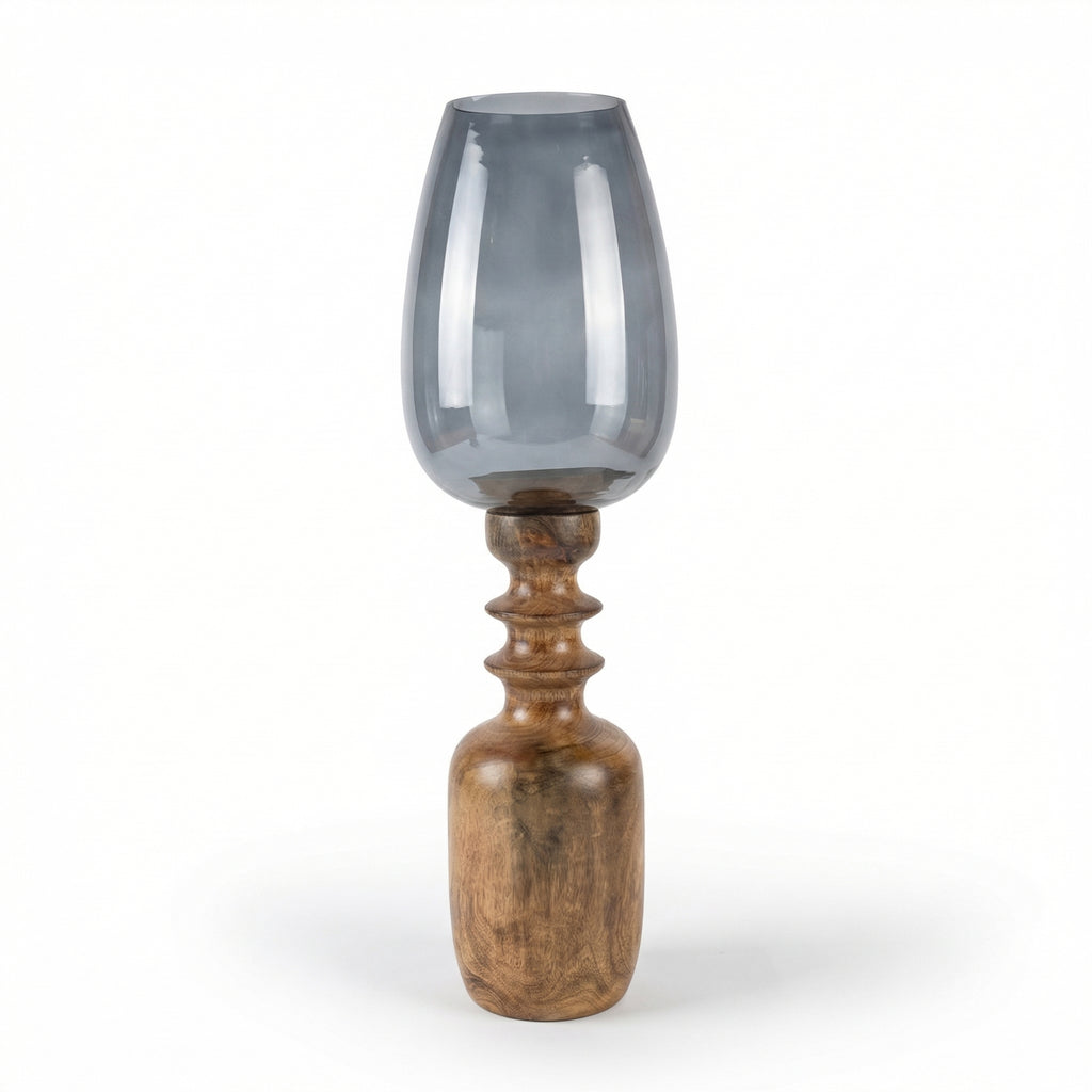 Hurricane Candle Stand | Wooden | Blue Glass 68x20x20cm