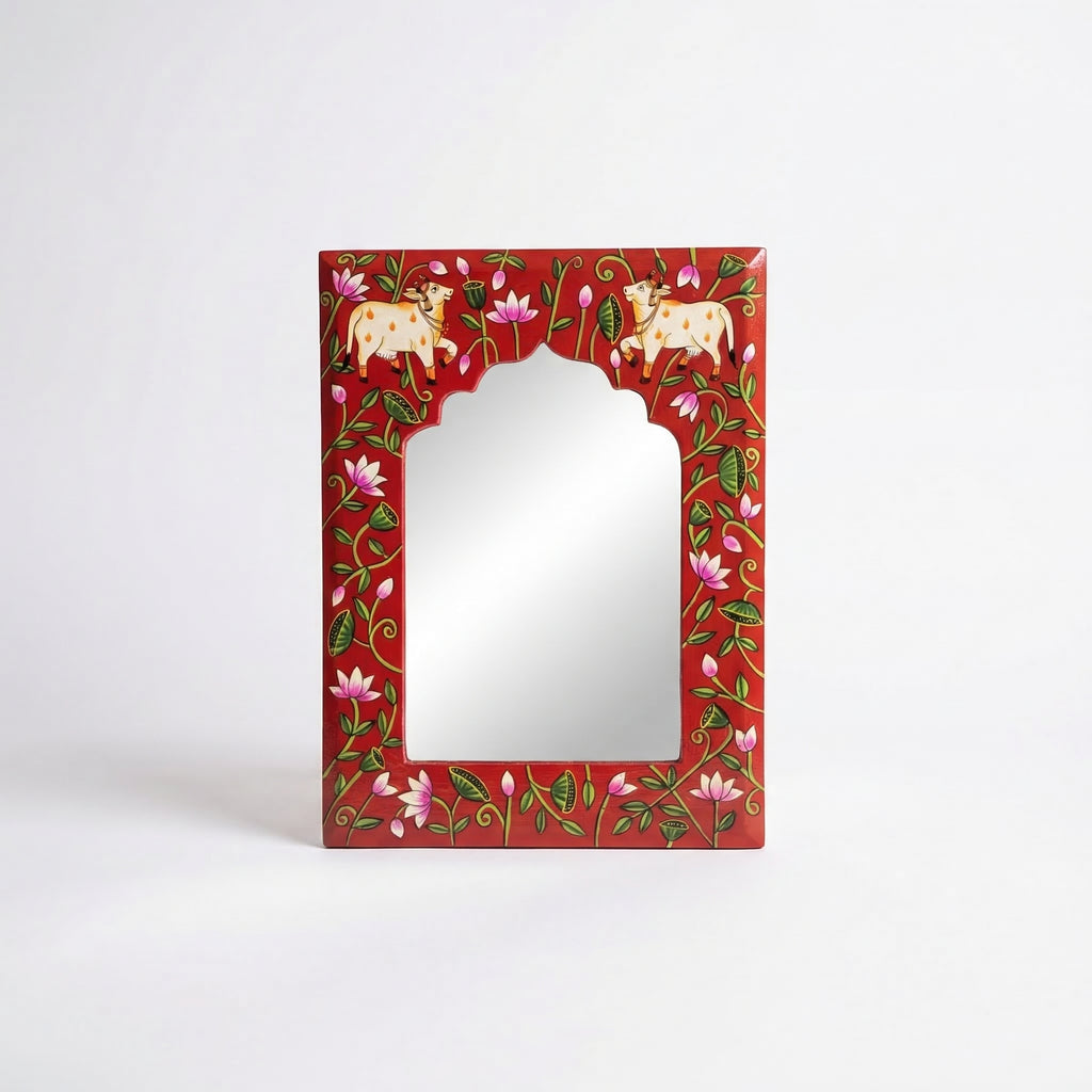 Red Pichwai Handpainted Mirror | 09x12x0.5 inch