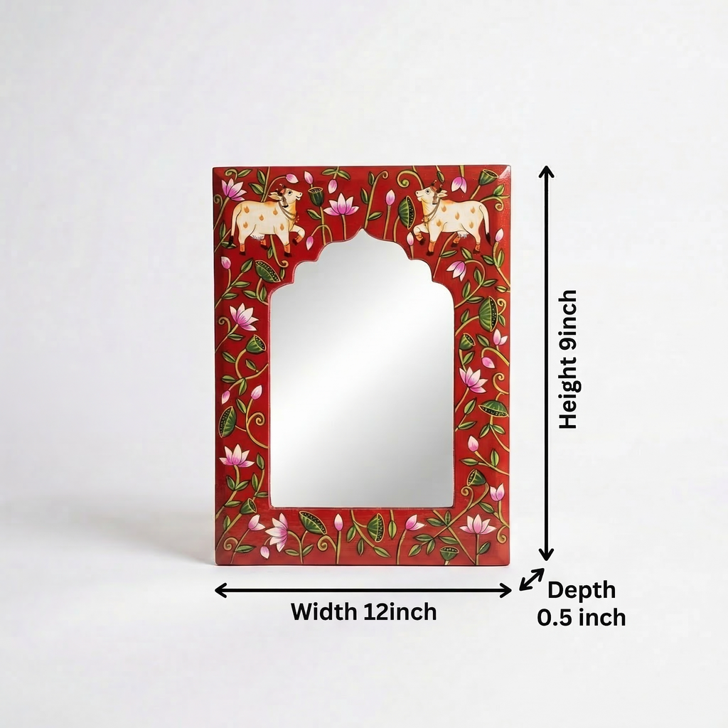 Red Pichwai Handpainted Mirror | 09x12x0.5 inch