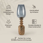 Hurricane Candle Stand | Wooden | Blue Glass 68x20x20cm