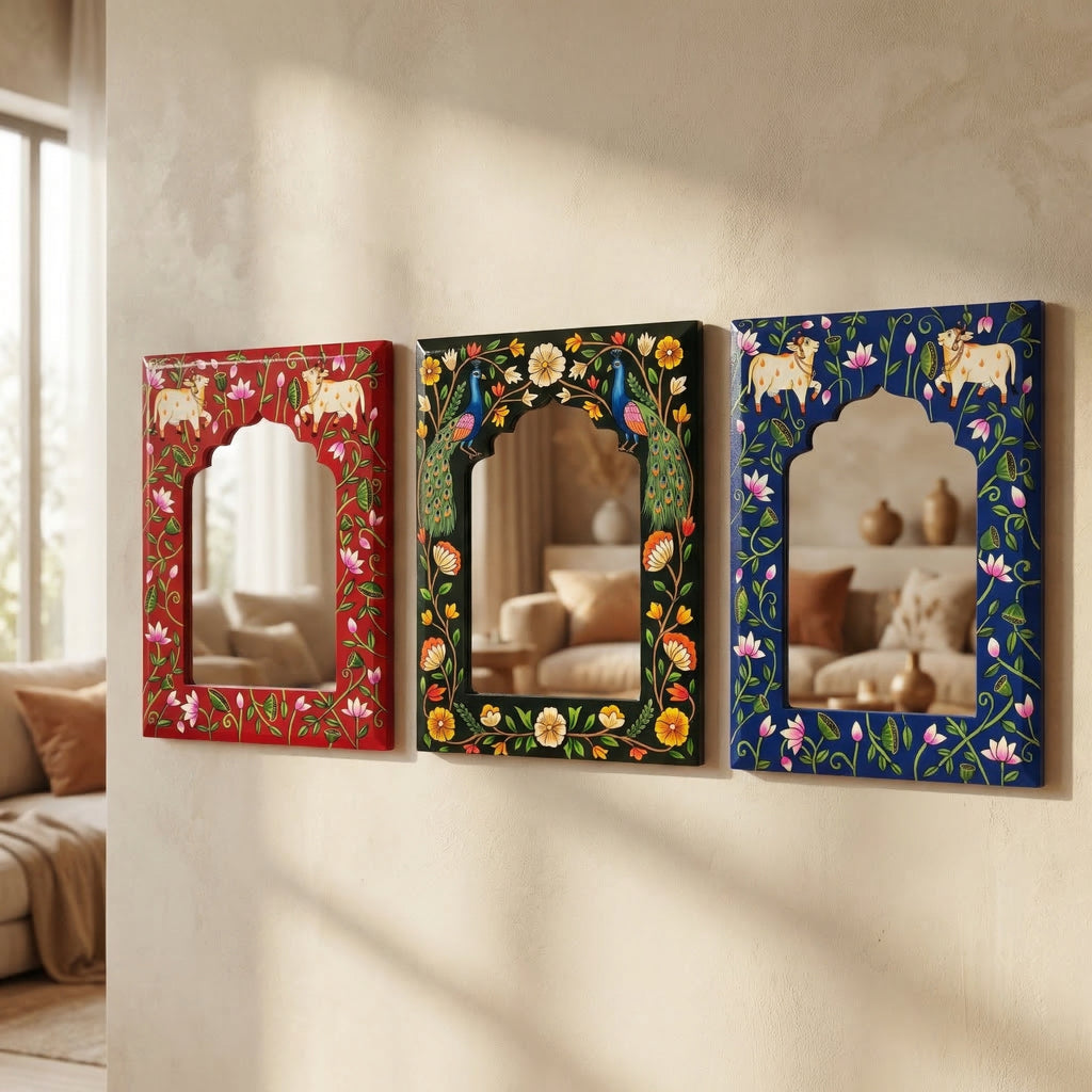 Red Pichwai Handpainted Mirror | 09x12x0.5 inch