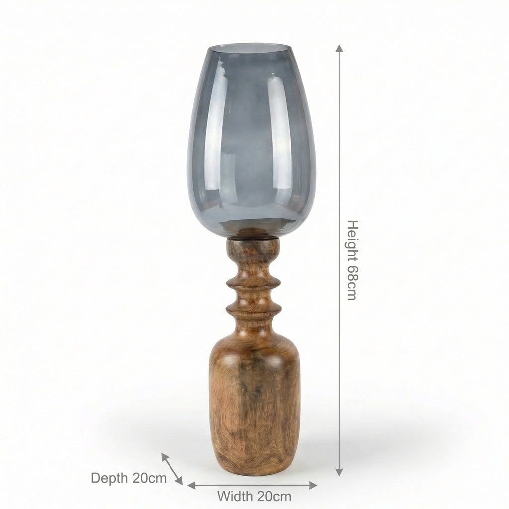 Hurricane Candle Stand | Wooden | Blue Glass 68x20x20cm