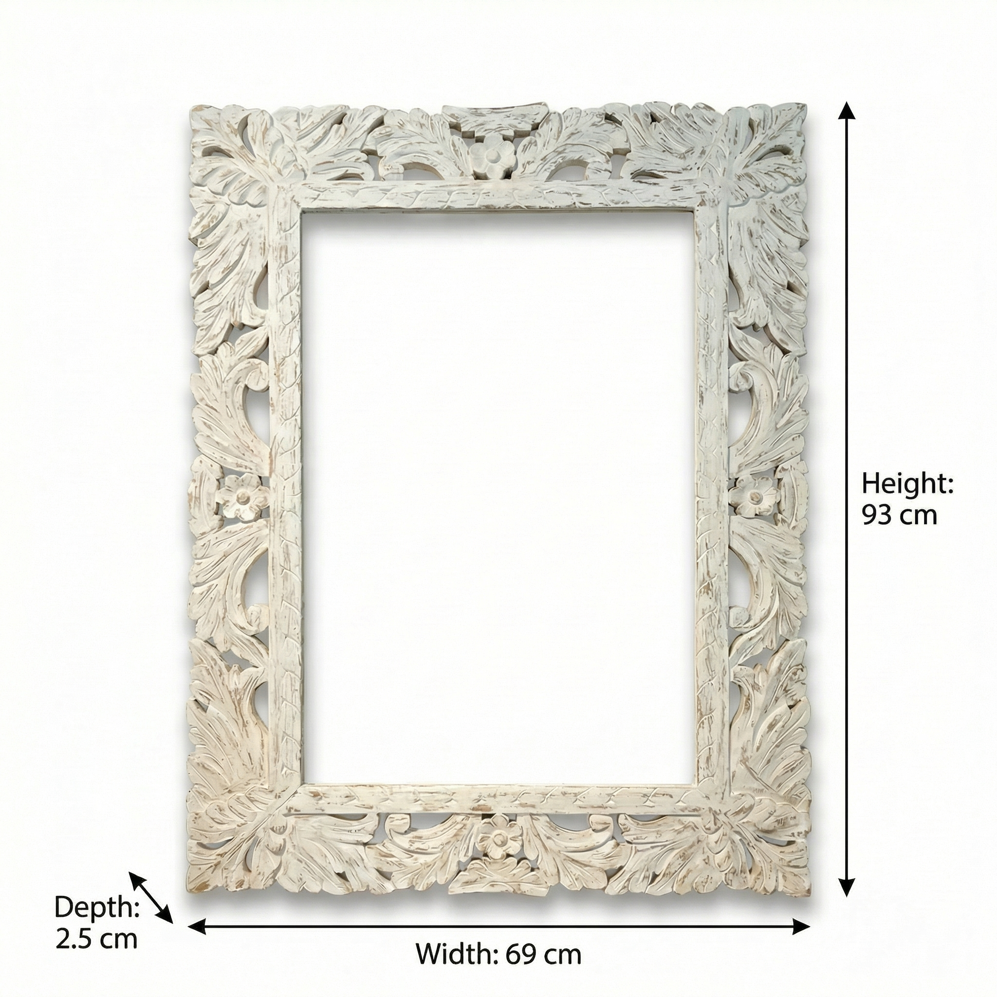 Carved Wooden Mirror (Frame Only) | Distress White | 93x69x2.5cm