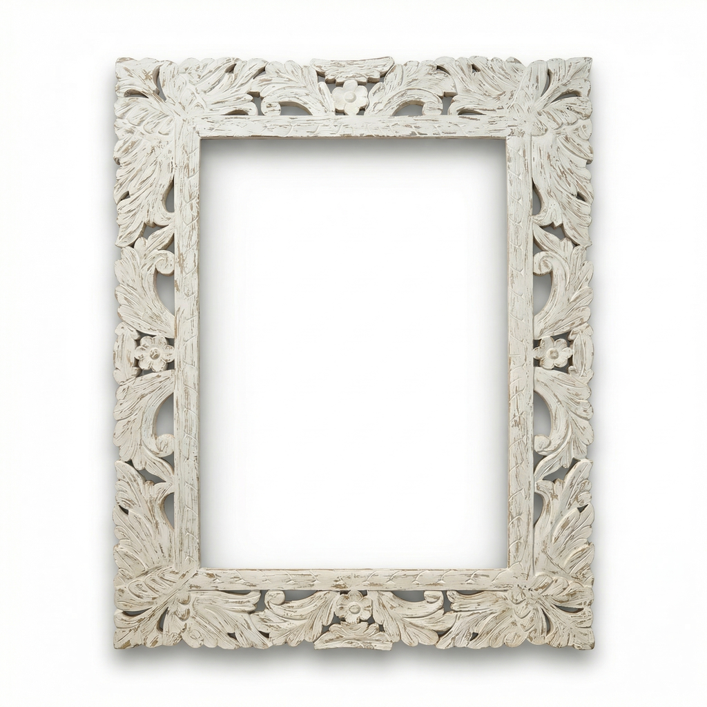 Carved Wooden Mirror (Frame Only) | Distress White | 93x69x2.5cm