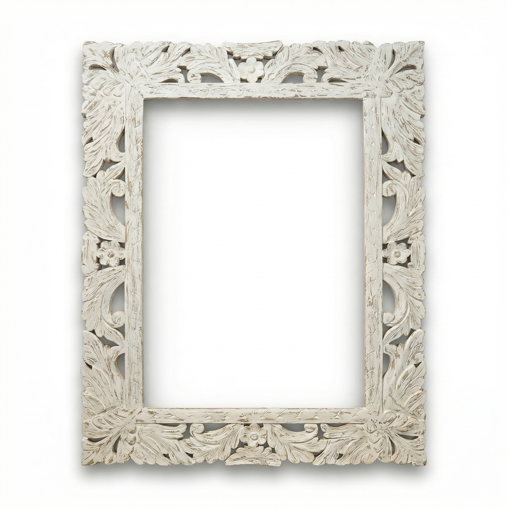 Carved Wooden Mirror (Frame Only) | Distress White | 93x69x2.5cm
