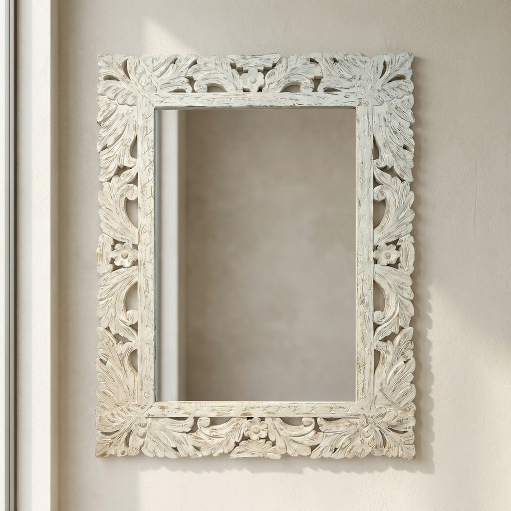 Carved Wooden Mirror (Frame Only) | Distress White | 93x69x2.5cm