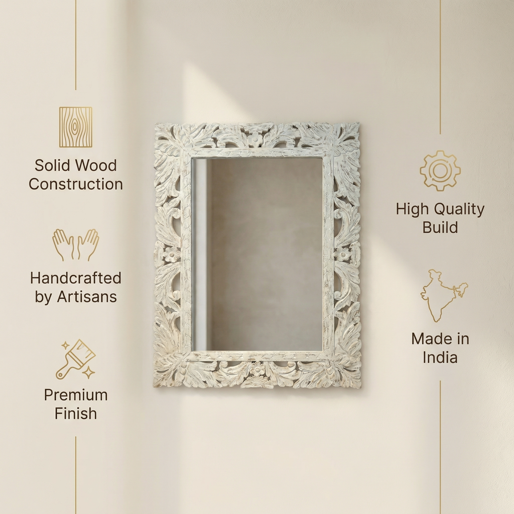 Carved Wooden Mirror (Frame Only) | Distress White | 93x69x2.5cm