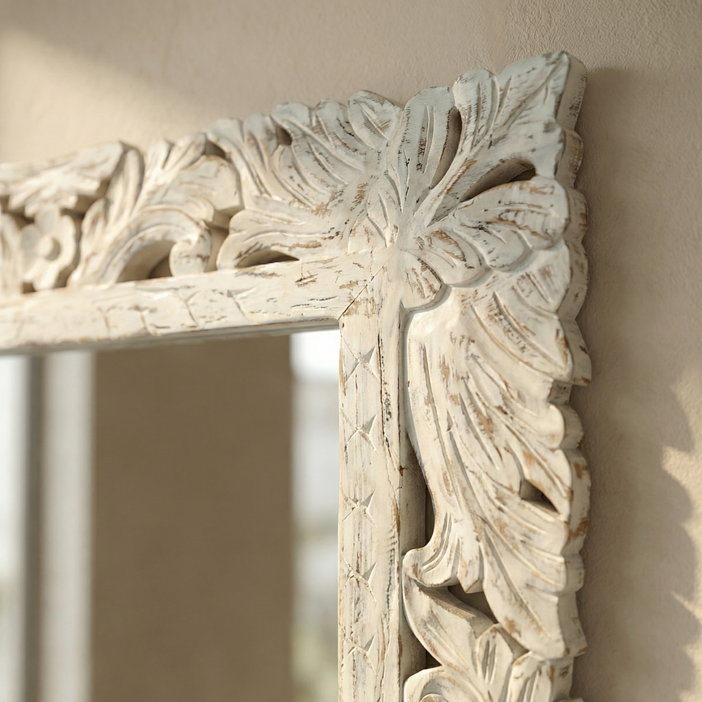 Carved Wooden Mirror (Frame Only) | Distress White | 93x69x2.5cm