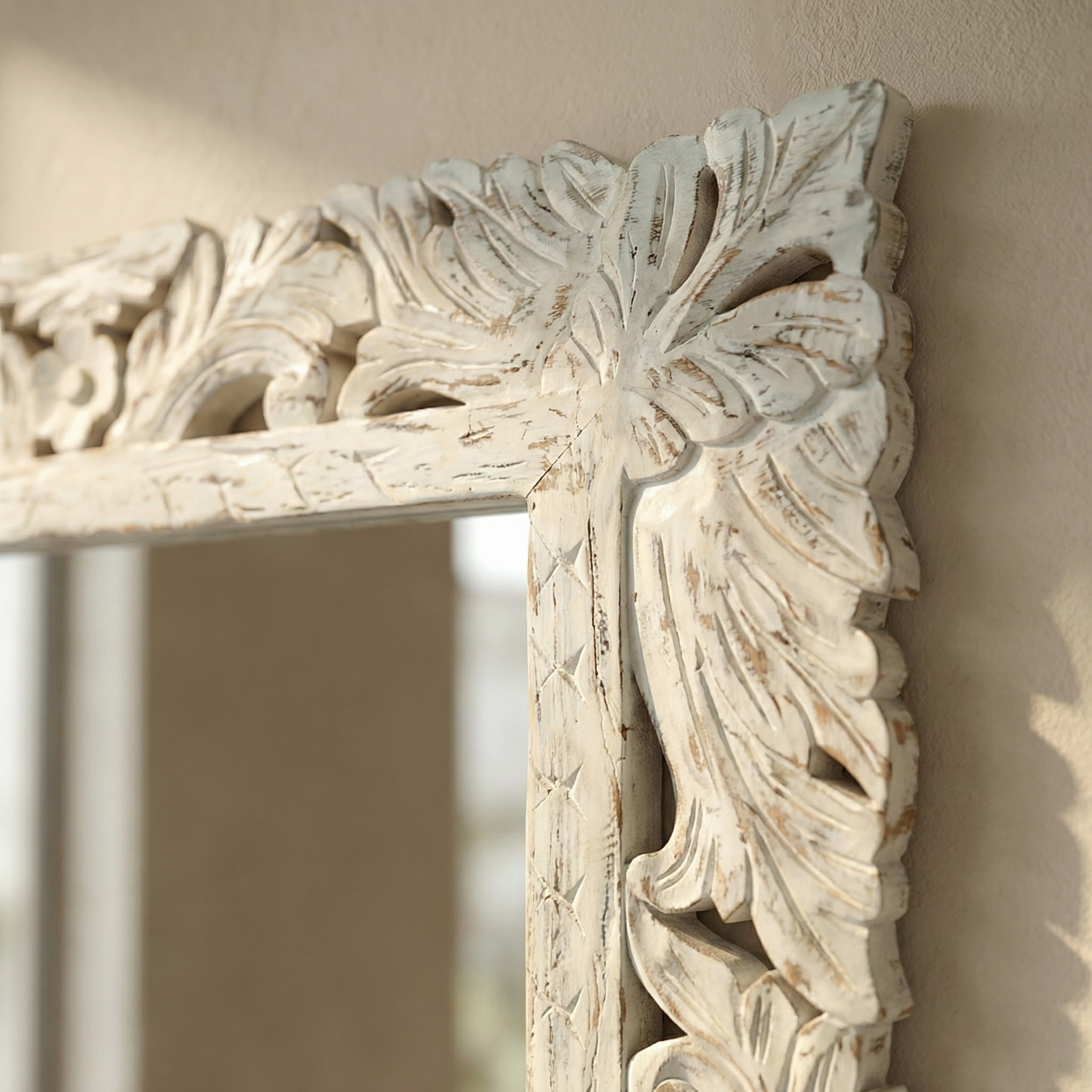 Carved Wooden Mirror (Frame Only) | Distress White | 93x69x2.5cm