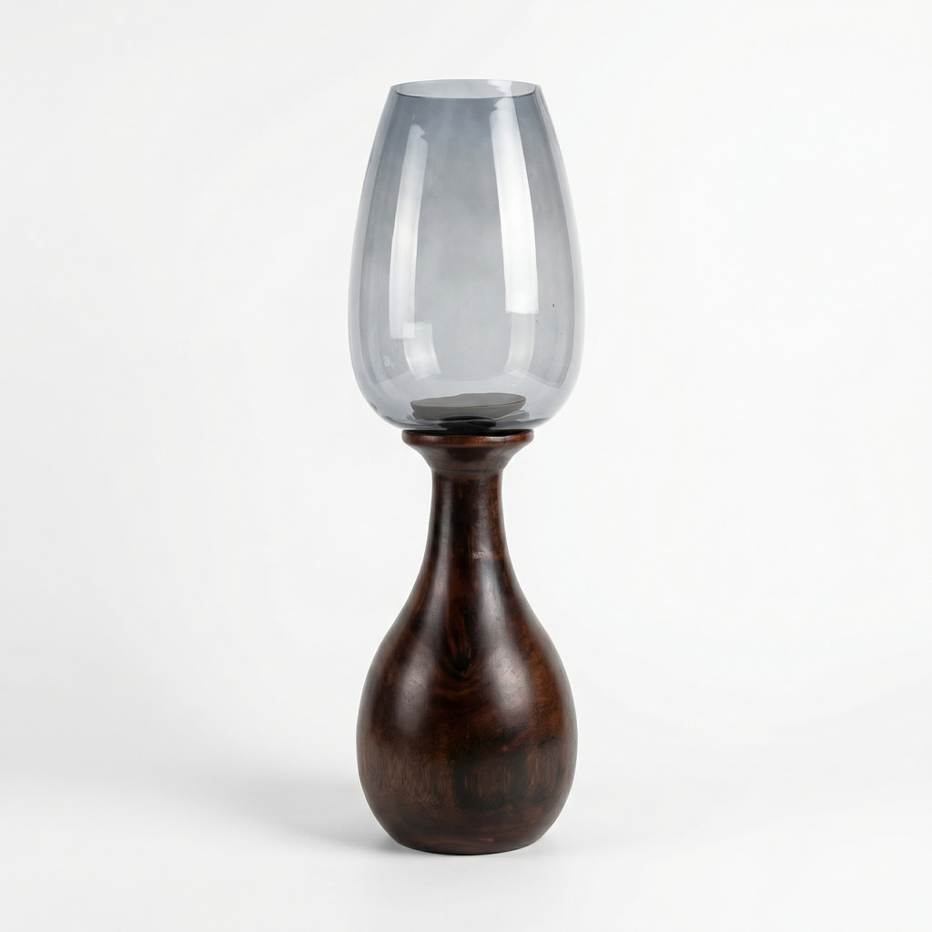 Hurricane Candle Stand | Wooden | Blue Glass 68x20x20cm