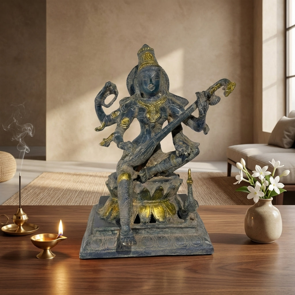 Brass Ma Saraswati | 11.4x7.1x8.3 Inch | Vintage Blue Finish | 6 Kg Approx