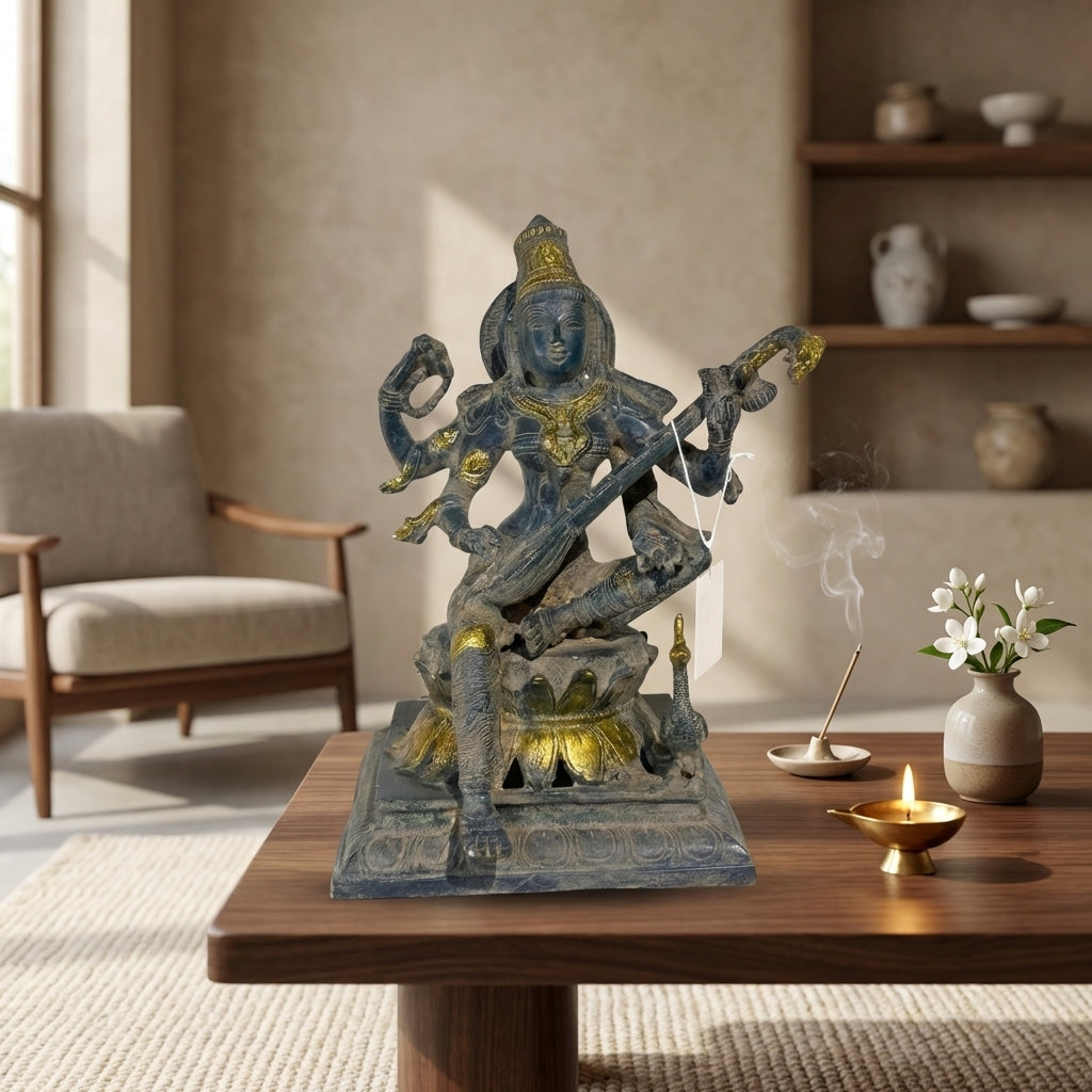 Brass Ma Saraswati | 11.4x7.1x8.3 Inch | Vintage Blue Finish | 6 Kg Approx