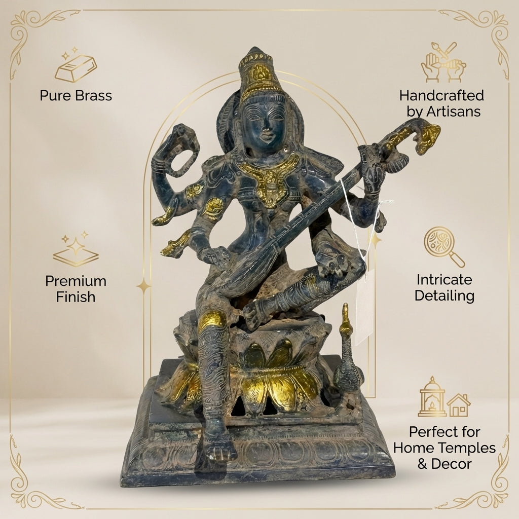 Brass Ma Saraswati | 11.4x7.1x8.3 Inch | Vintage Blue Finish | 6 Kg Approx