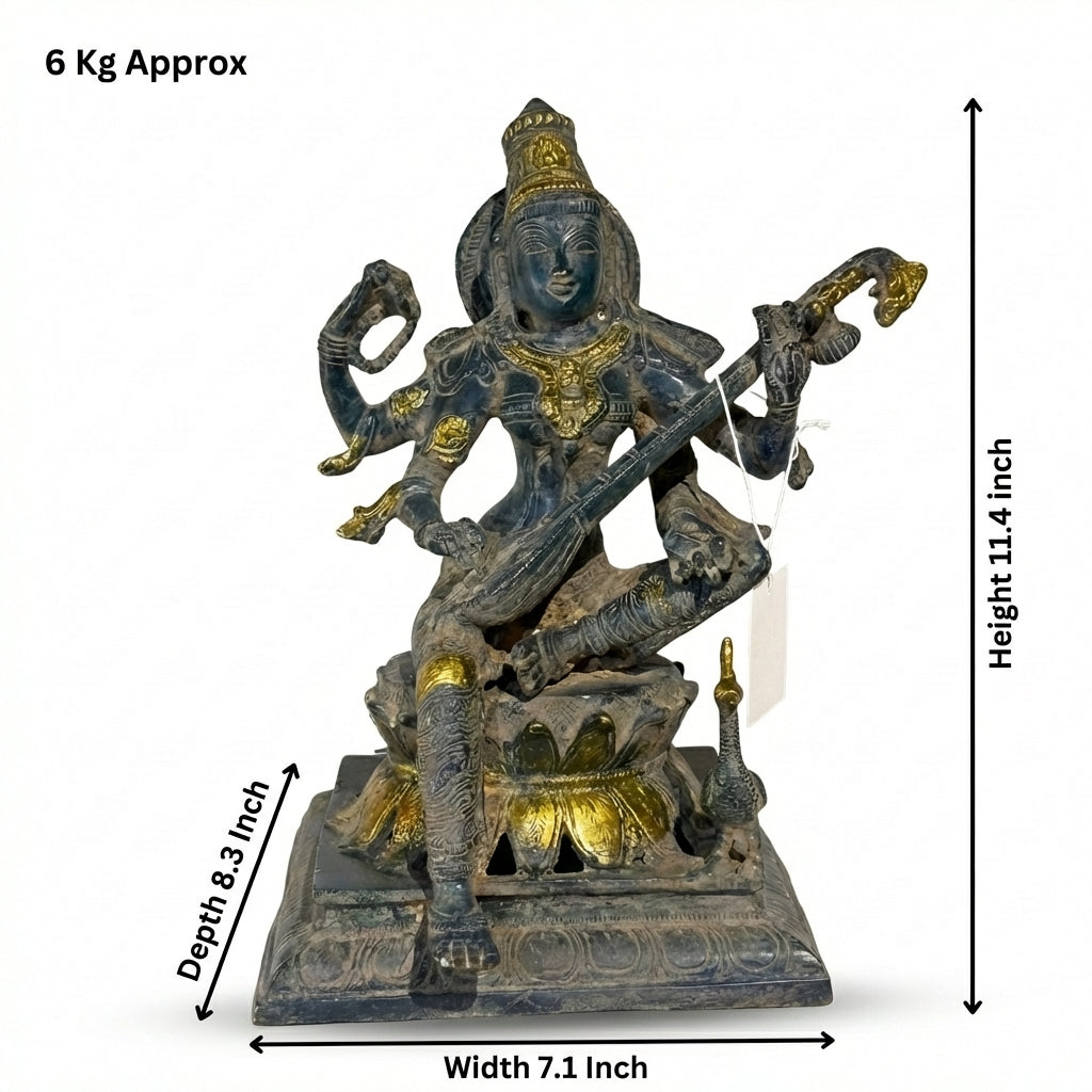 Brass Ma Saraswati | 11.4x7.1x8.3 Inch | Vintage Blue Finish | 6 Kg Approx