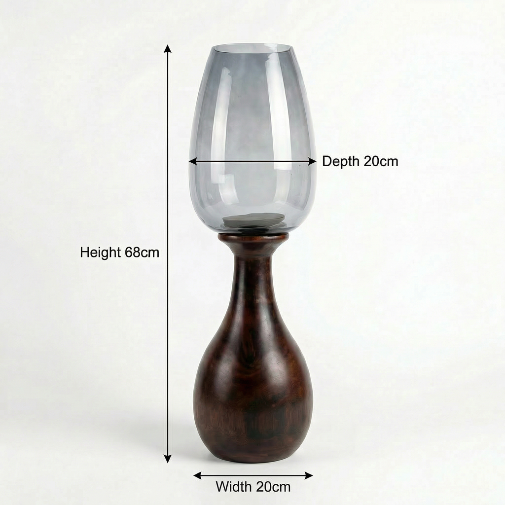 Hurricane Candle Stand | Wooden | Blue Glass 68x20x20cm