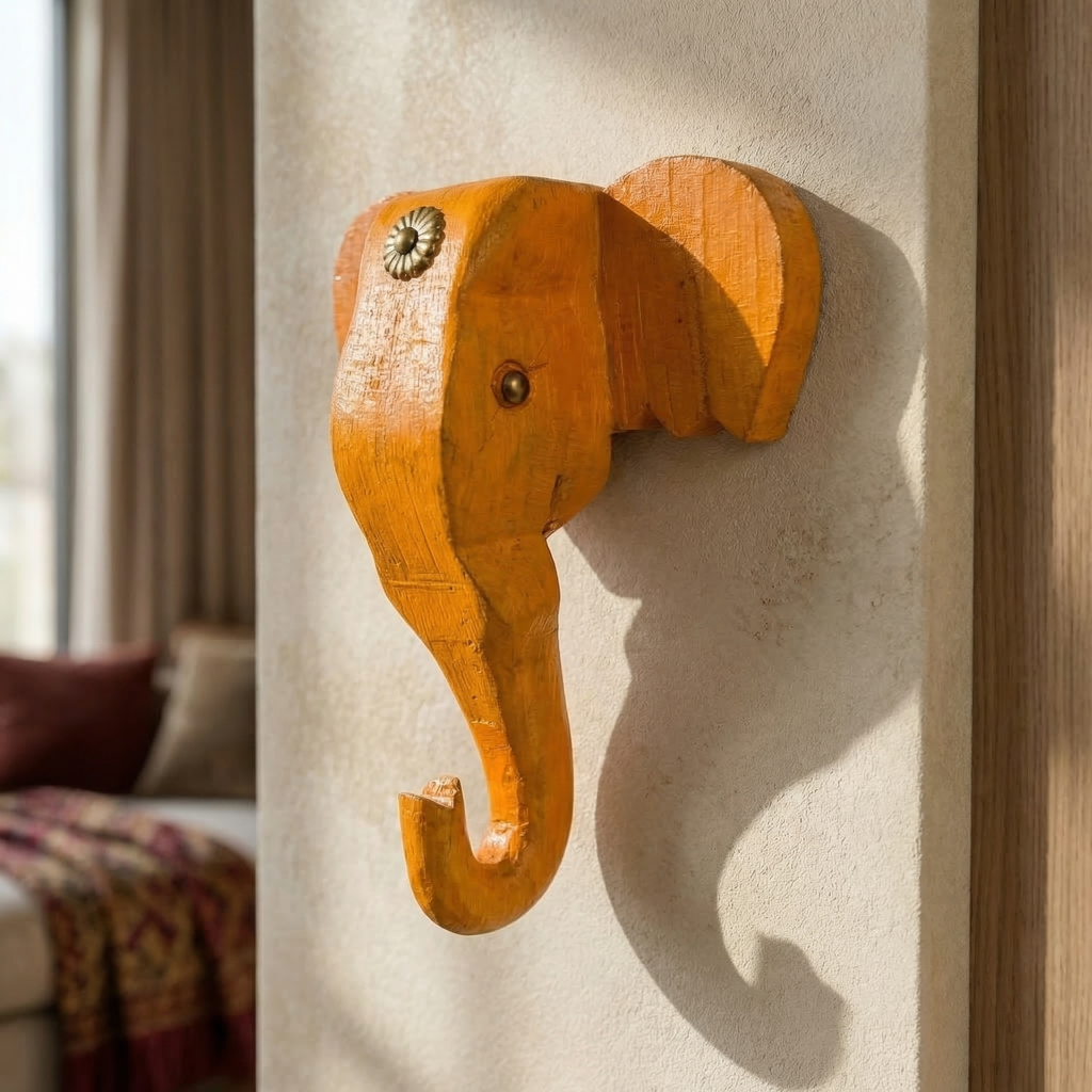 Wooden Elephant Wall Decor | 6x5x3 Inch | Yellow/Mustard