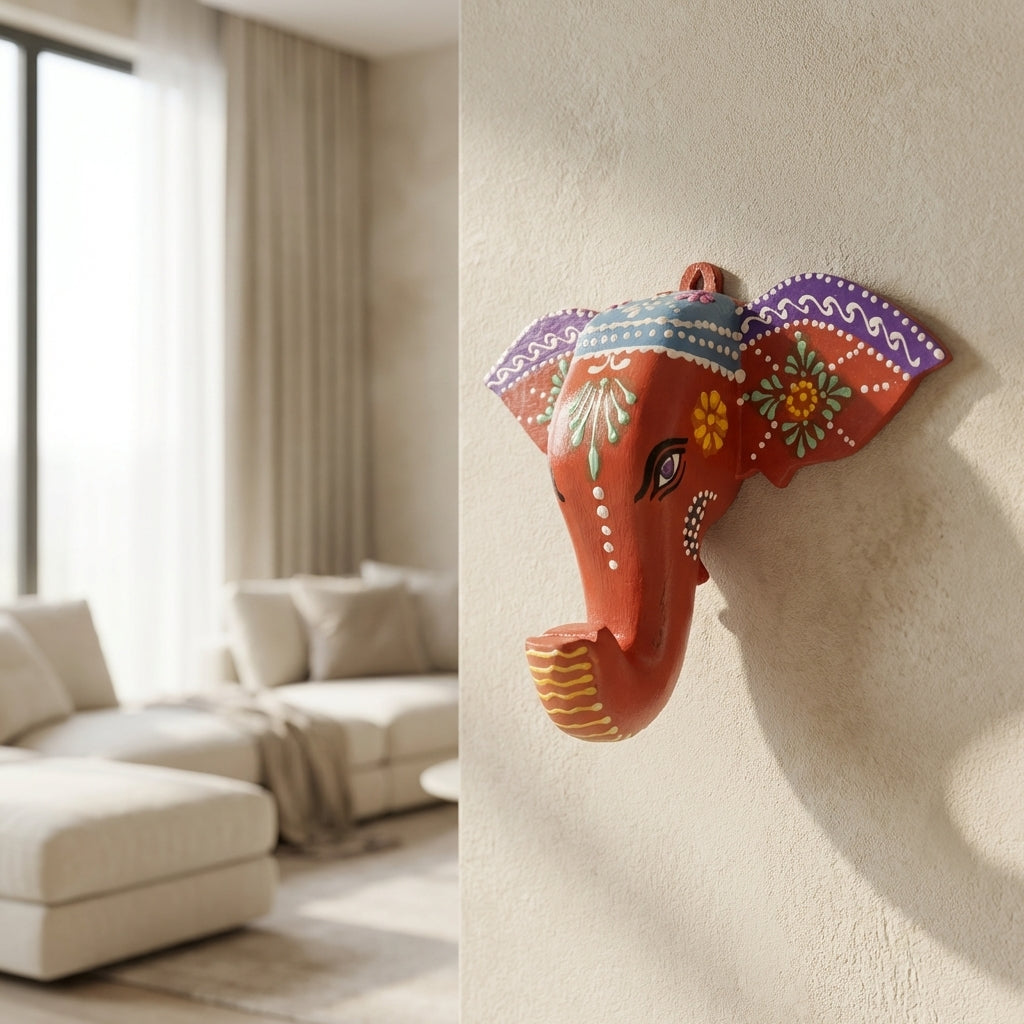 Handpainted Elephant Wall Decor | Orange | 6x8x3 Inches