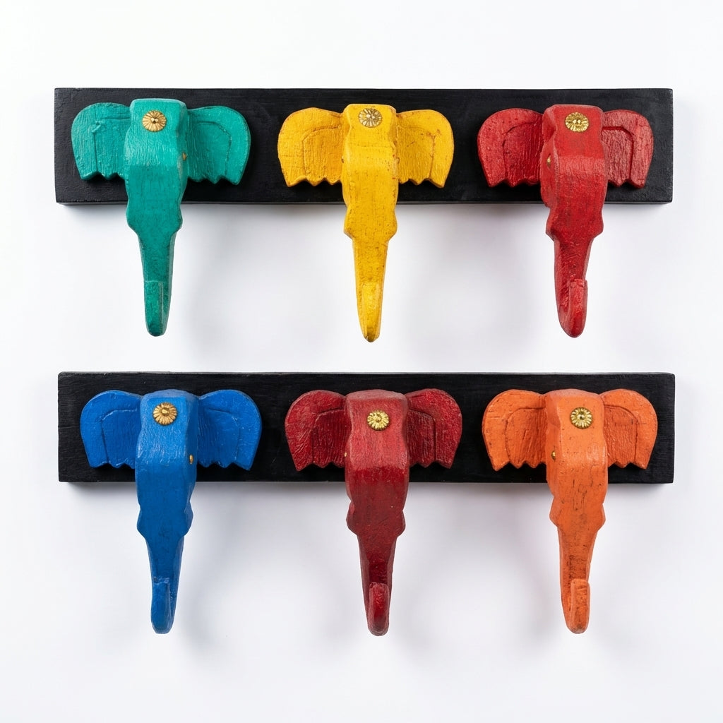 Wooden Elephant Keychain Holder | 7x16x3 Inch | Assorted Colours