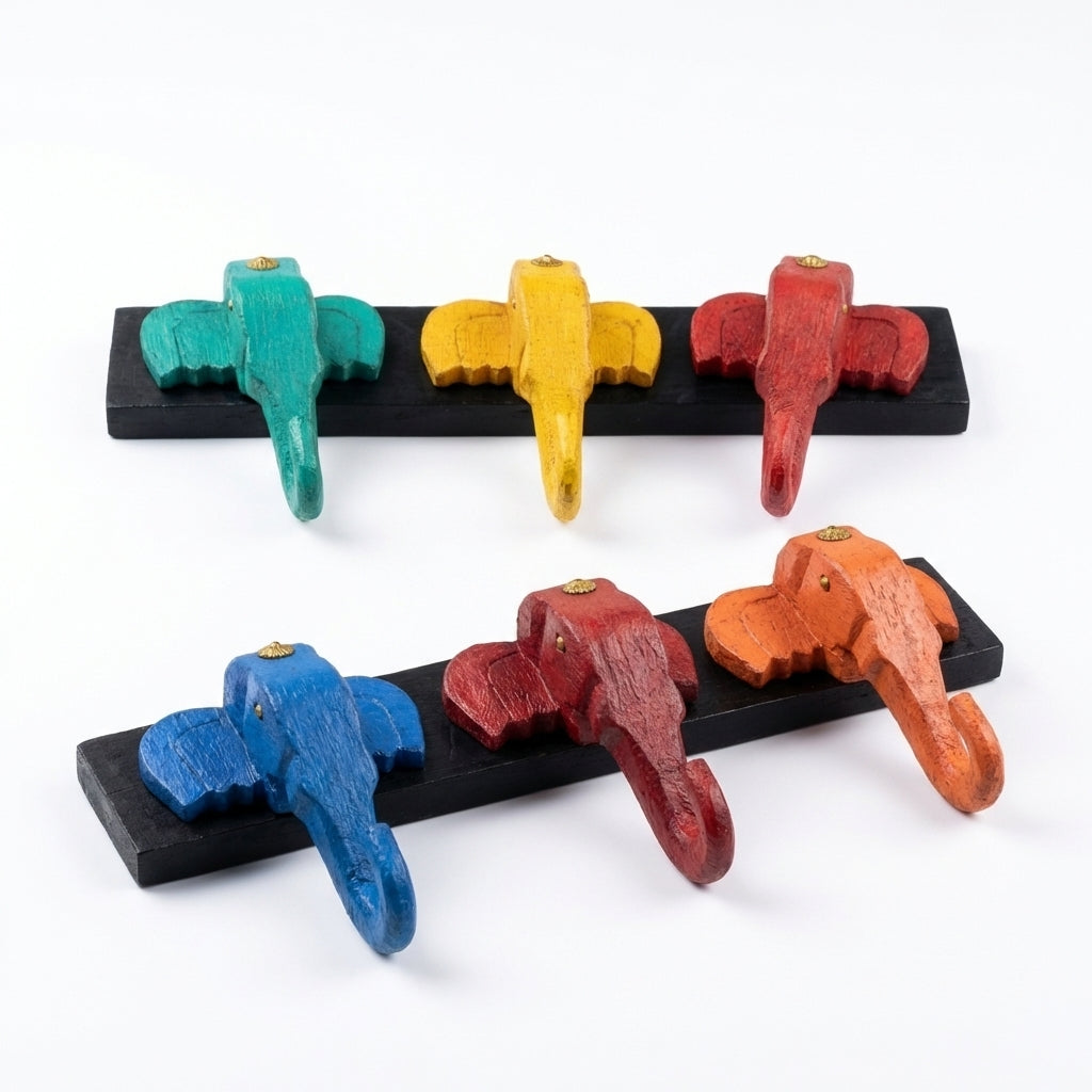 Wooden Elephant Keychain Holder | 7x16x3 Inch | Assorted Colours