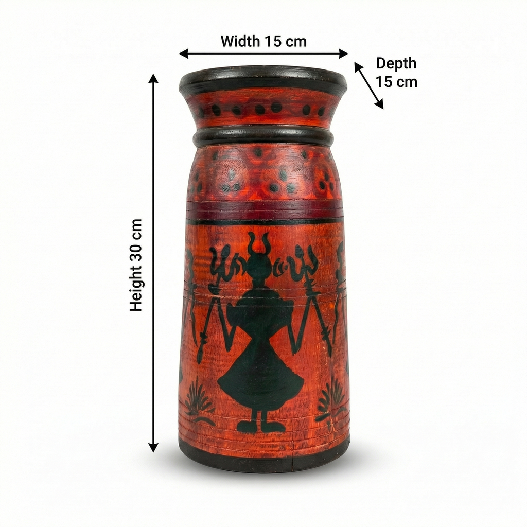Tribal Wooden Vase Red colour | 30x15x15cm