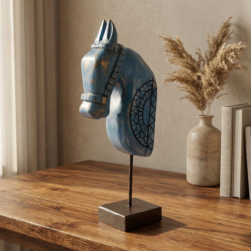 Wooden Horse on Stand | Blue | 33x13x6.5cm