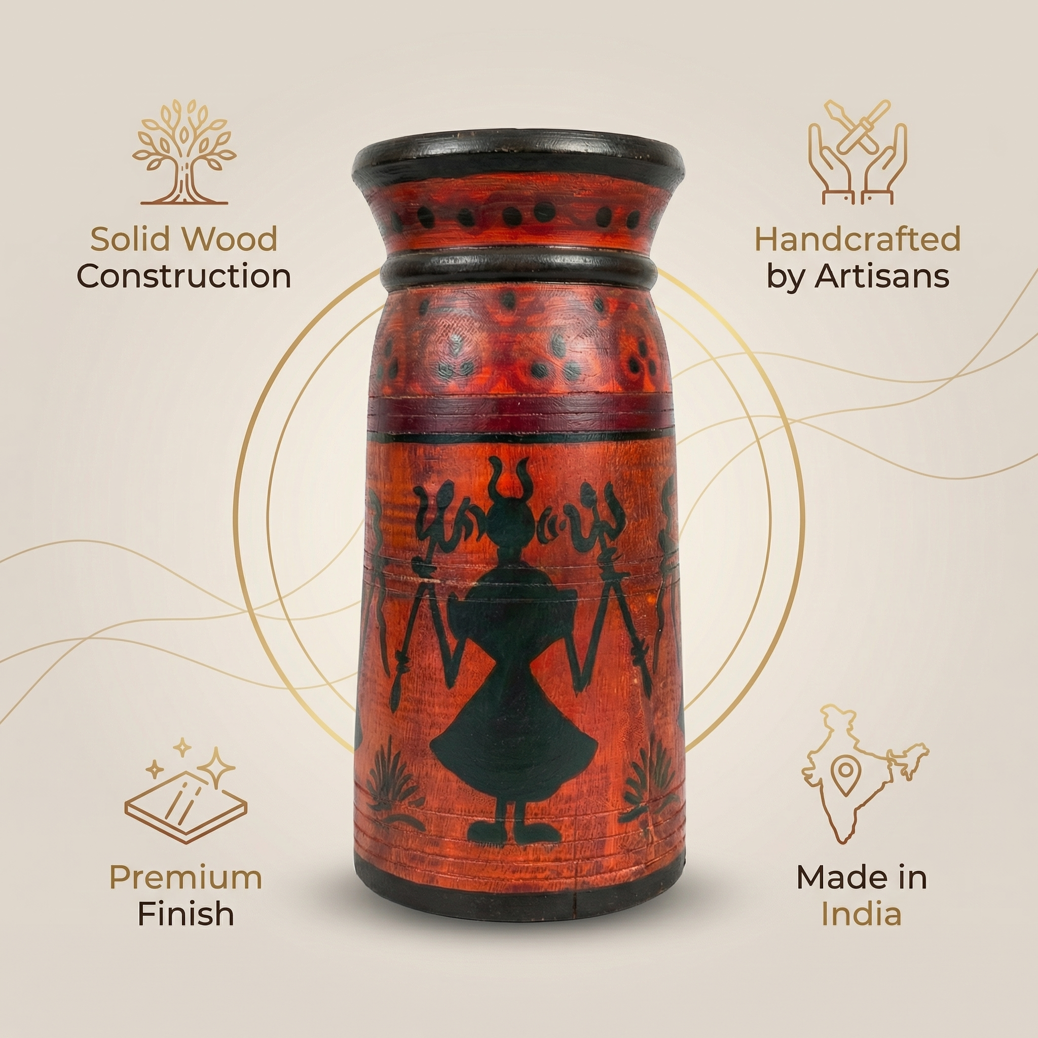 Tribal Wooden Vase Red colour | 30x15x15cm