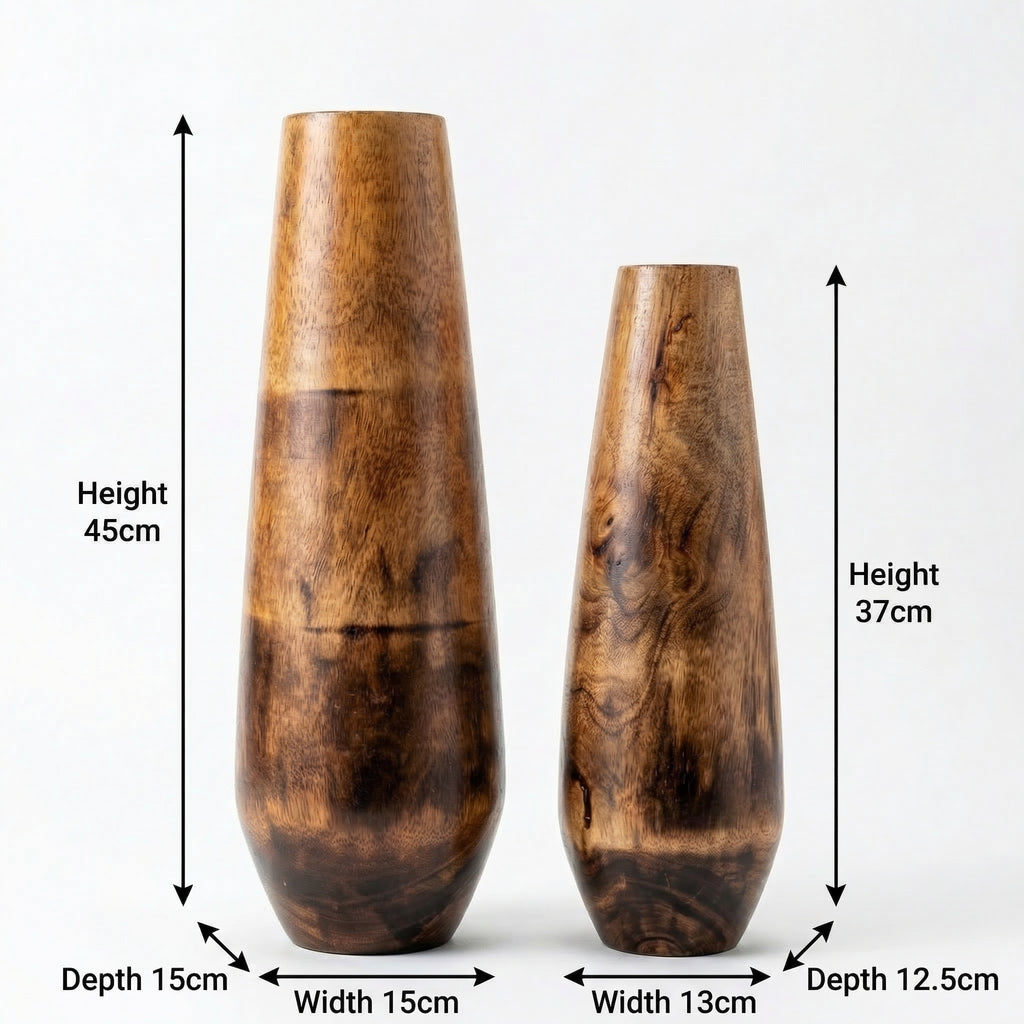 Set of 2 Contemporary Wooden Vases | L:45x15x15cm R:37x13x12.5cm